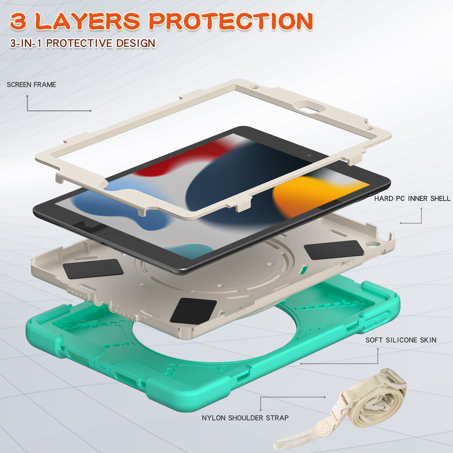 For iPad 10.2 (2021) / (2019) / (2020) Rotary Kickstand Tablet Case PC+Silicone Tablet Cover with Shoulder Strap