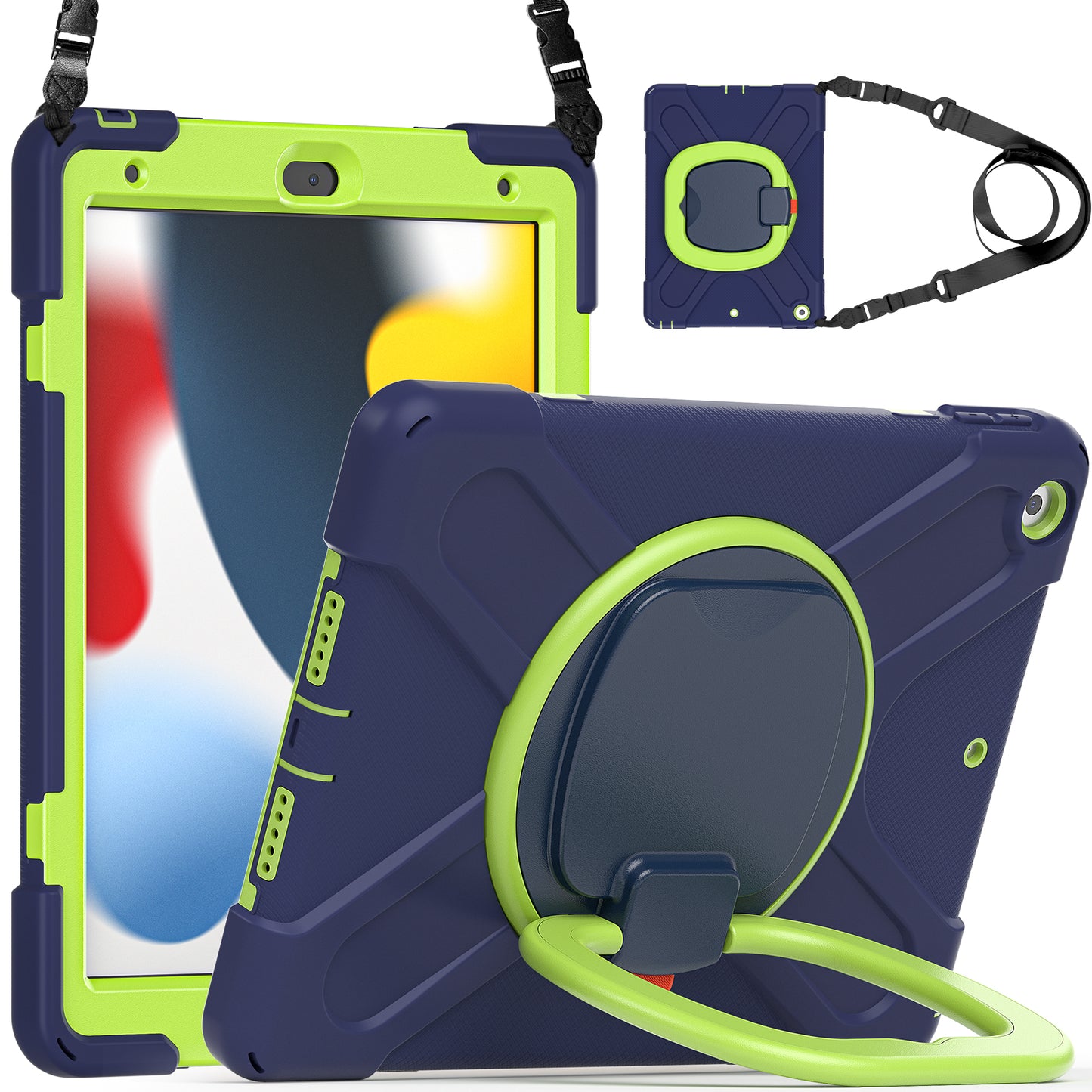 For iPad 10.2 (2021) / (2019) / (2020) Rotary Kickstand Tablet Case PC+Silicone Tablet Cover with Shoulder Strap