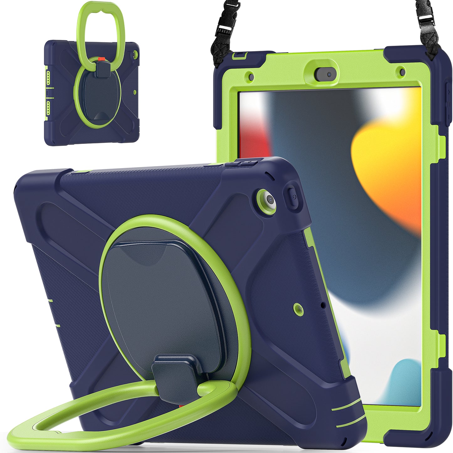 For iPad 10.2 (2021) / (2019) / (2020) Rotary Kickstand Tablet Case PC+Silicone Tablet Cover with Shoulder Strap