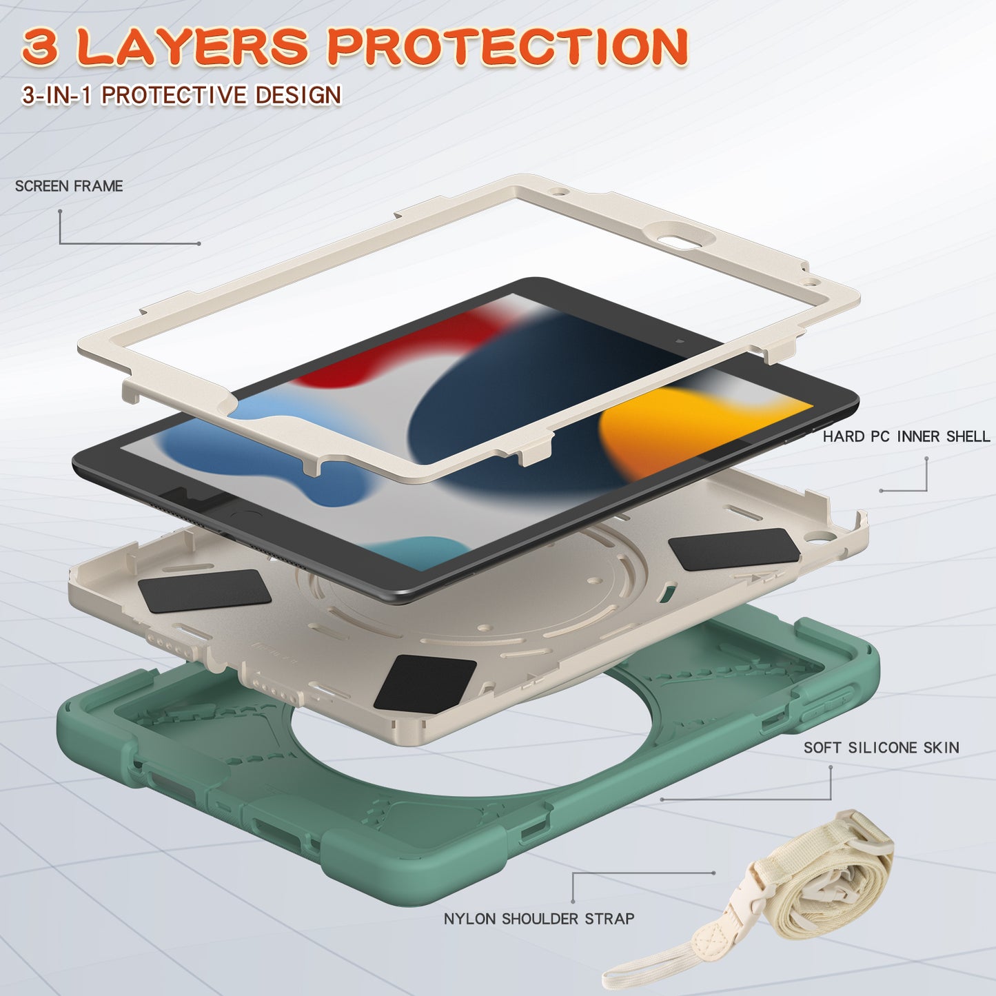 For iPad 10.2 (2021) / (2019) / (2020) Rotary Kickstand Tablet Case PC+Silicone Tablet Cover with Shoulder Strap