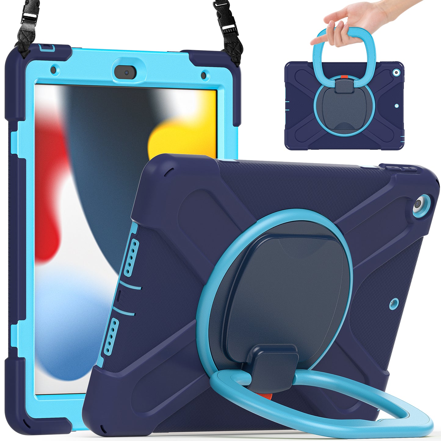 For iPad 10.2 (2021) / (2019) / (2020) Rotary Kickstand Tablet Case PC+Silicone Tablet Cover with Shoulder Strap