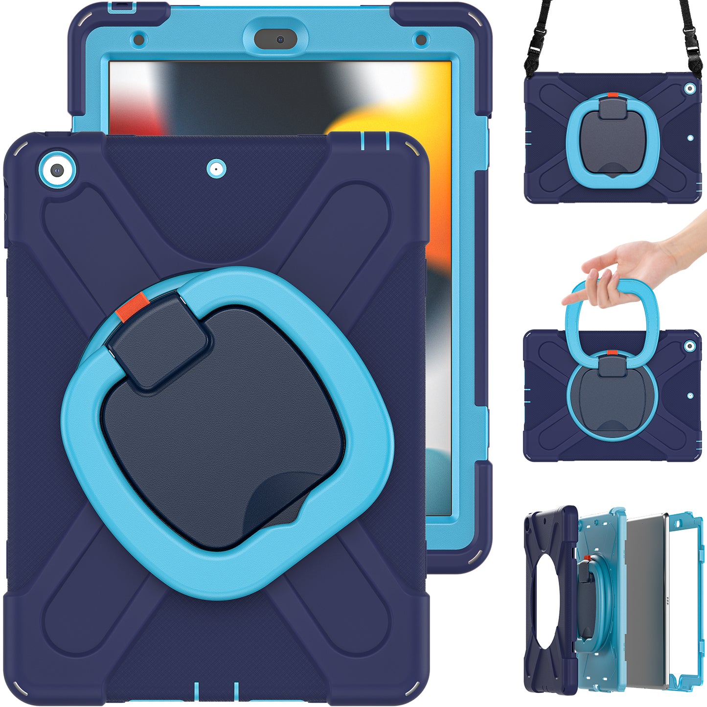 For iPad 10.2 (2021) / (2019) / (2020) Rotary Kickstand Tablet Case PC+Silicone Tablet Cover with Shoulder Strap