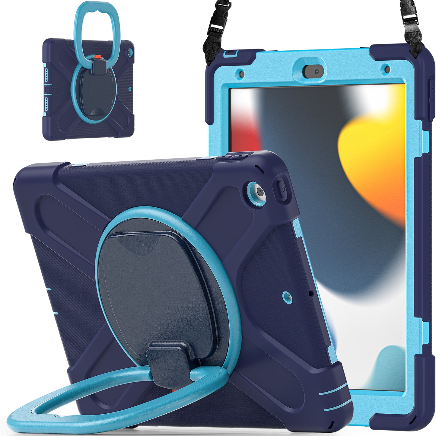 For iPad 10.2 (2021) / (2019) / (2020) Rotary Kickstand Tablet Case PC+Silicone Tablet Cover with Shoulder Strap
