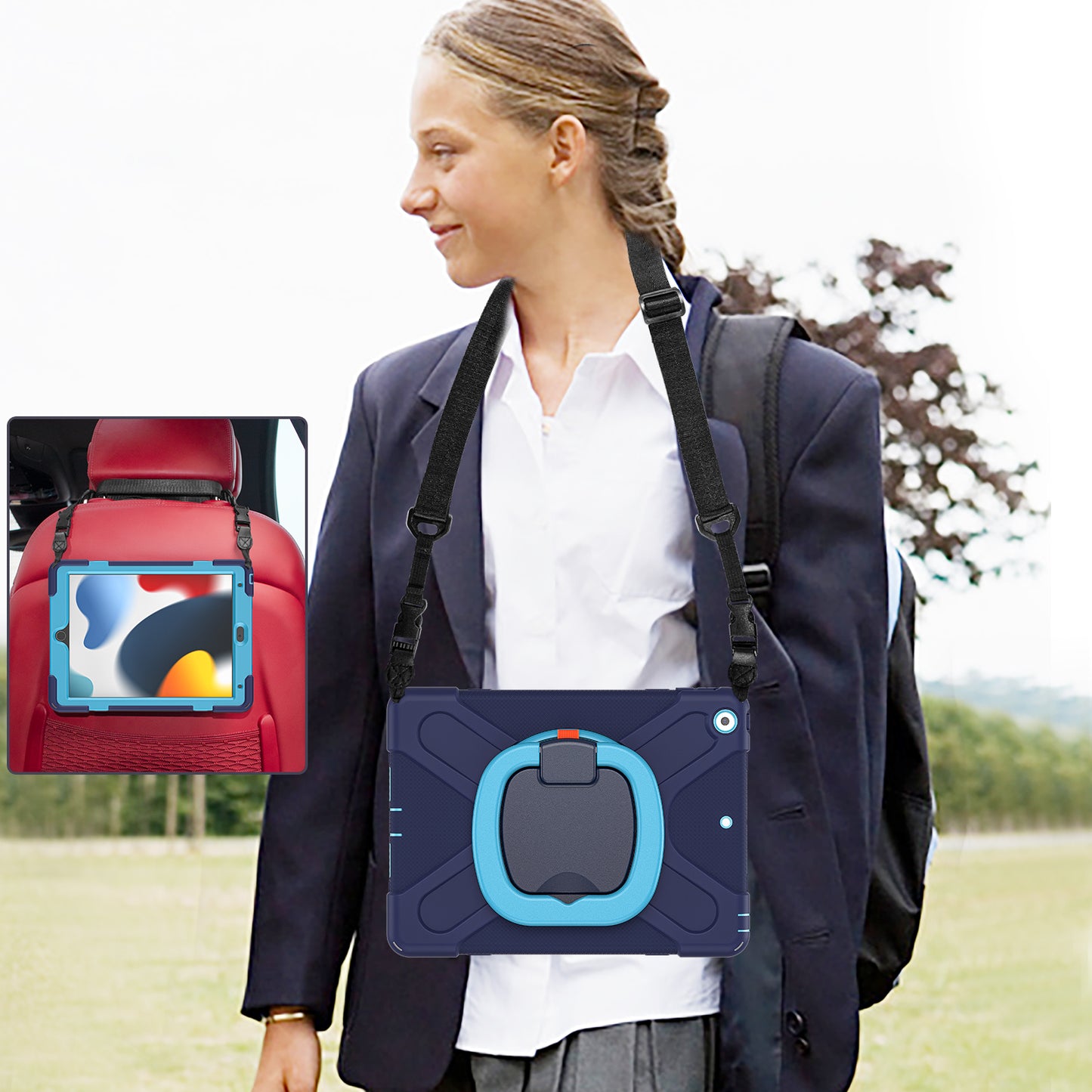 For iPad 10.2 (2021) / (2019) / (2020) Rotary Kickstand Tablet Case PC+Silicone Tablet Cover with Shoulder Strap