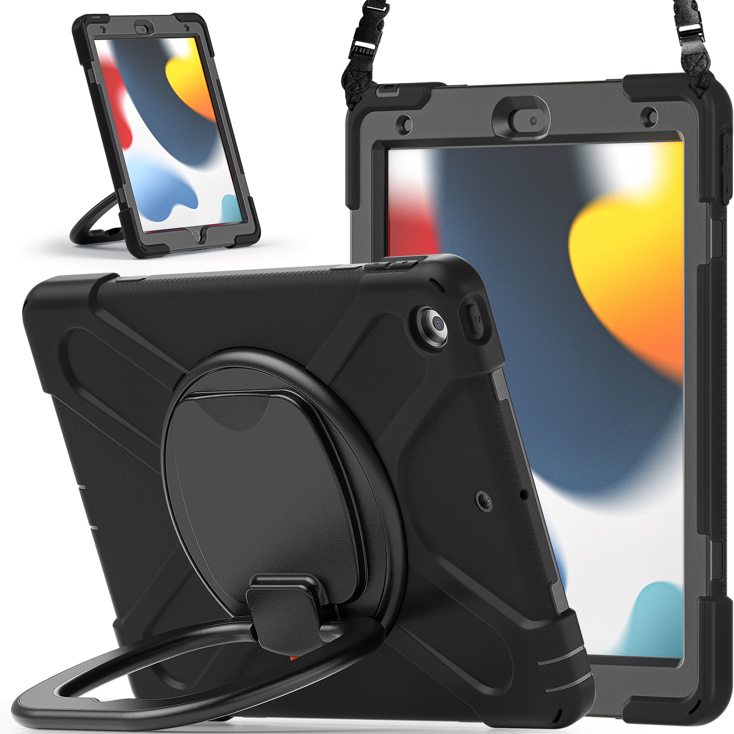 For iPad 10.2 (2021) / (2019) / (2020) Rotary Kickstand Tablet Case PC+Silicone Tablet Cover with Shoulder Strap