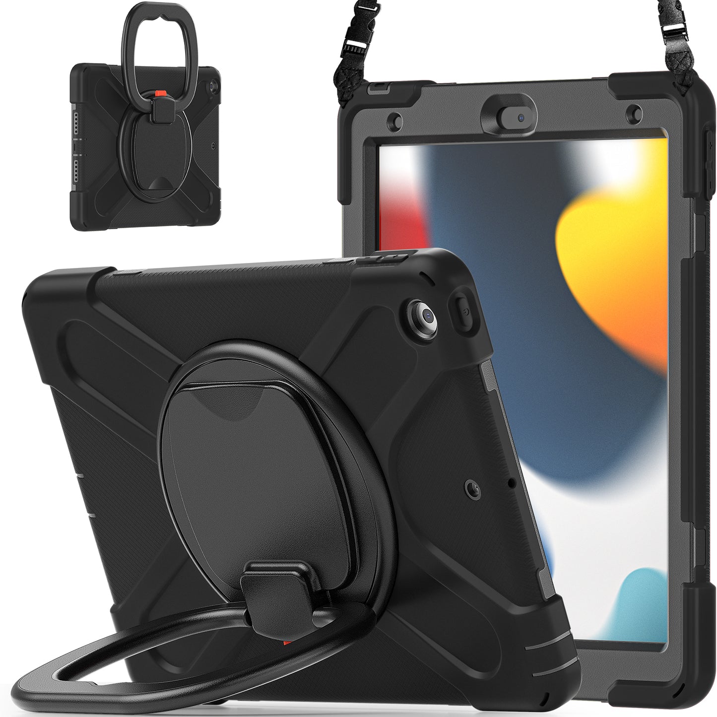For iPad 10.2 (2021) / (2019) / (2020) Rotary Kickstand Tablet Case PC+Silicone Tablet Cover with Shoulder Strap