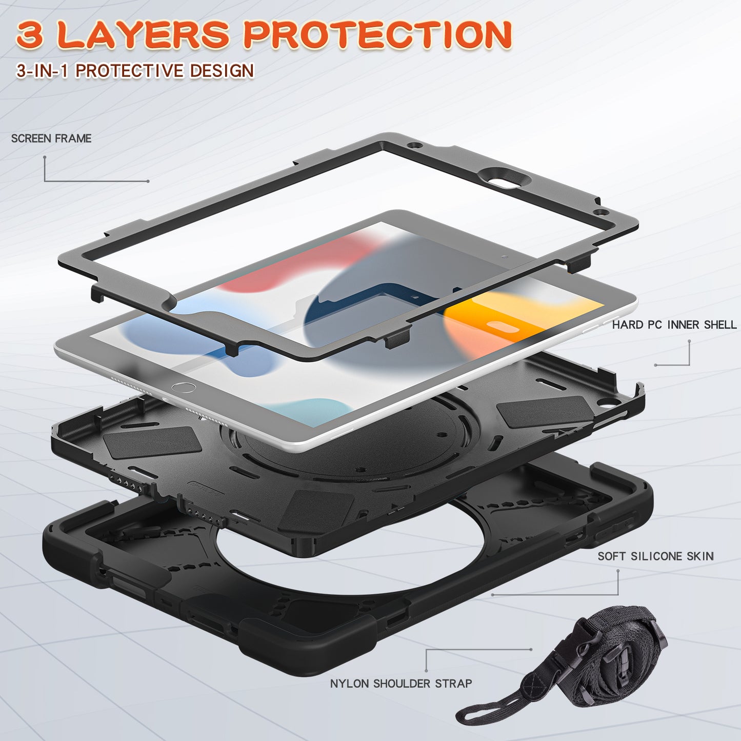 For iPad 10.2 (2021) / (2019) / (2020) Rotary Kickstand Tablet Case PC+Silicone Tablet Cover with Shoulder Strap