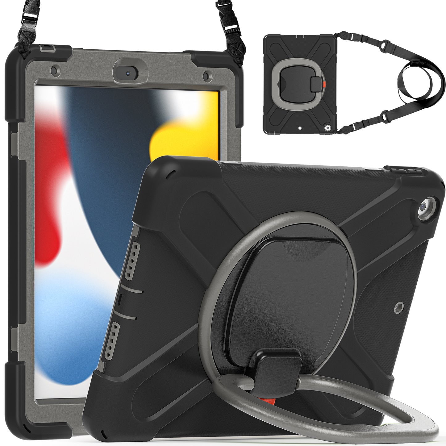 For iPad 10.2 (2021) / (2019) / (2020) Rotary Kickstand Tablet Case PC+Silicone Tablet Cover with Shoulder Strap