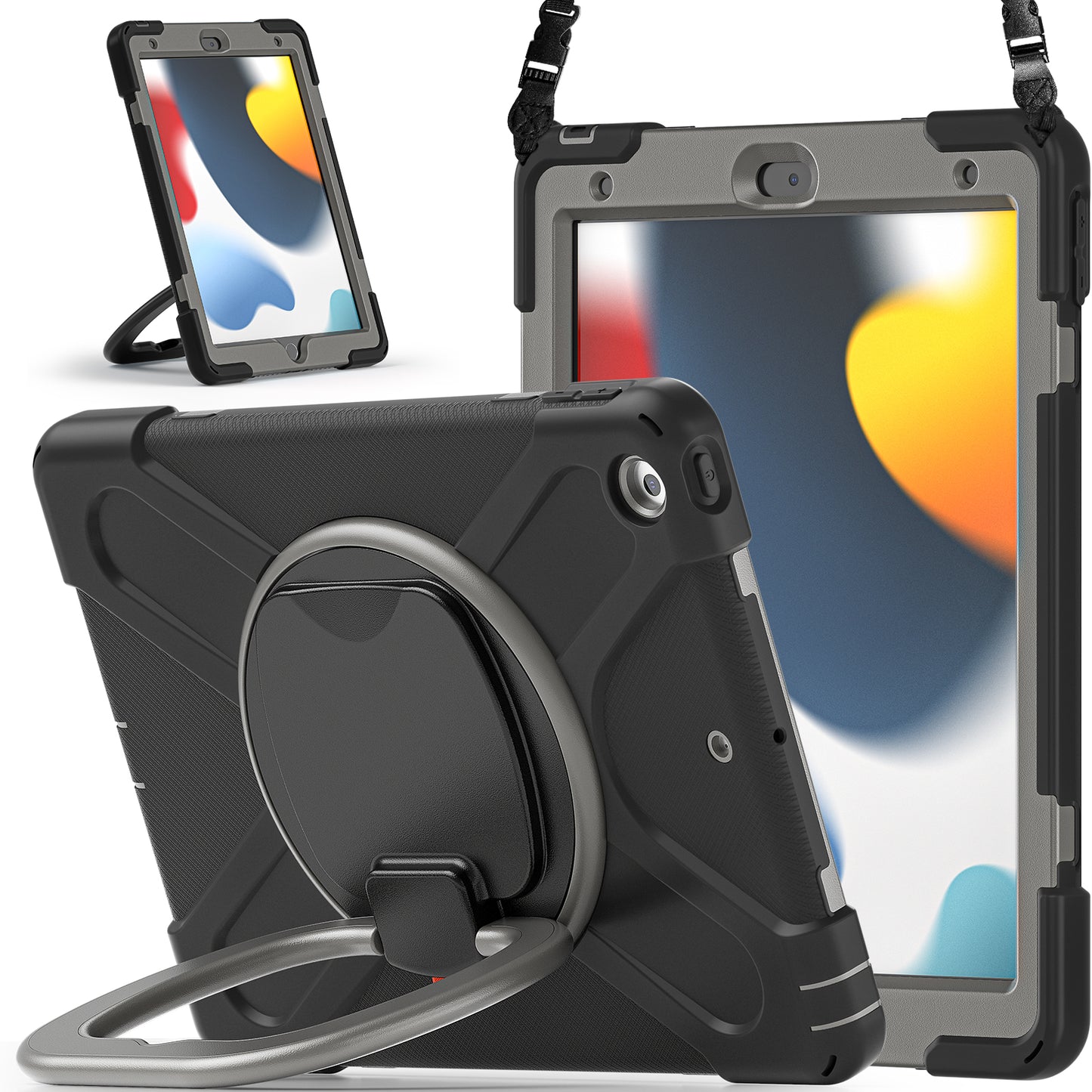 For iPad 10.2 (2021) / (2019) / (2020) Rotary Kickstand Tablet Case PC+Silicone Tablet Cover with Shoulder Strap
