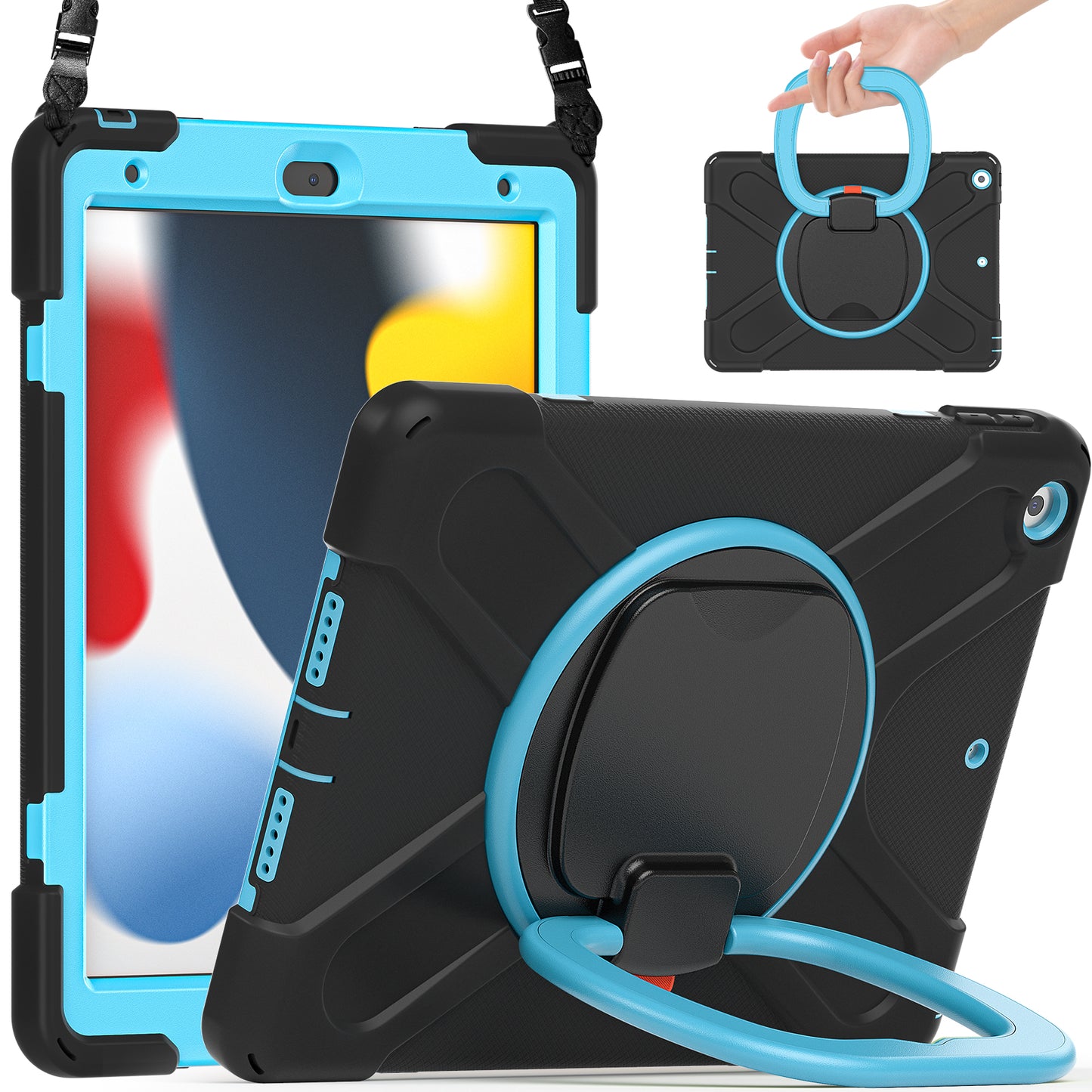 For iPad 10.2 (2021) / (2019) / (2020) Rotary Kickstand Tablet Case PC+Silicone Tablet Cover with Shoulder Strap