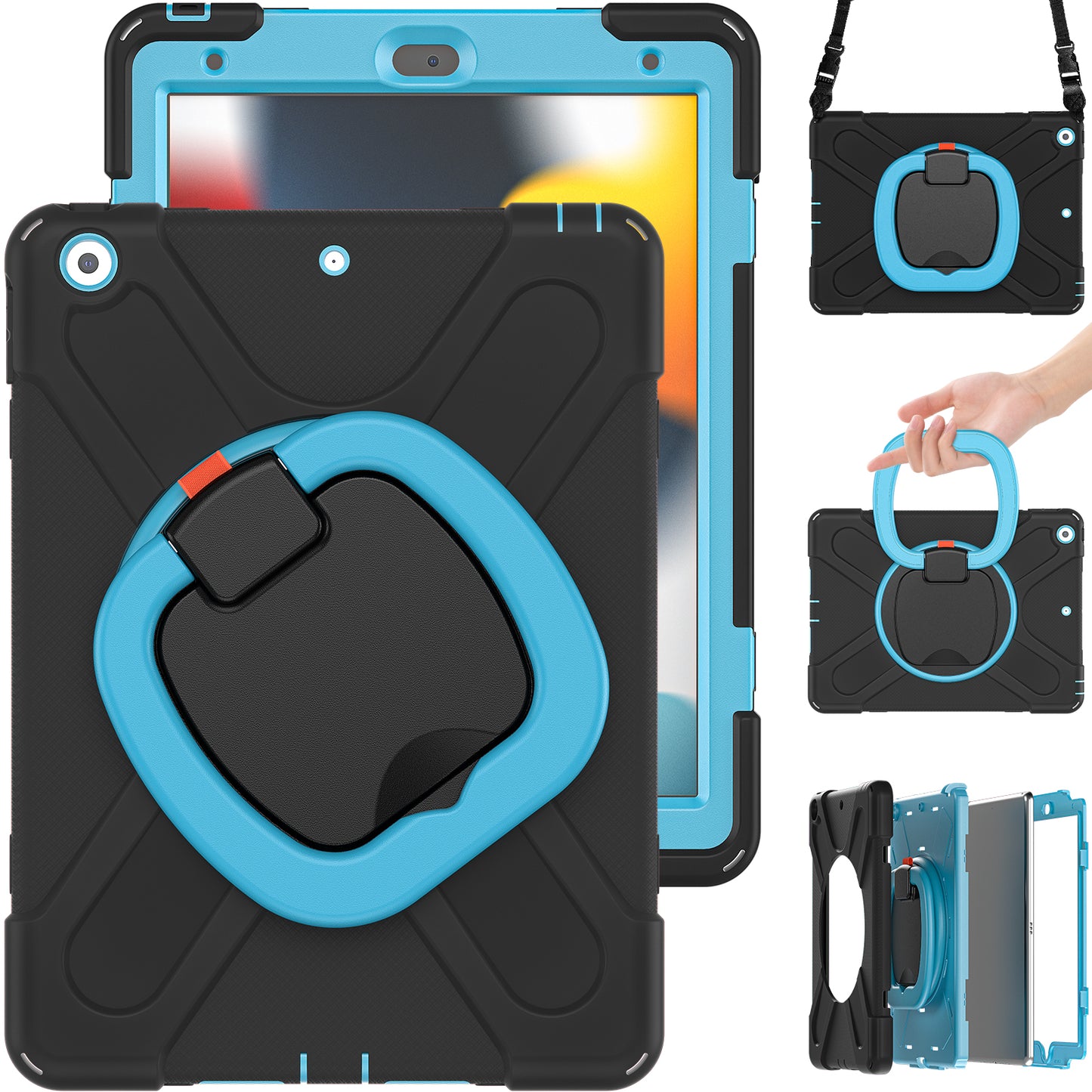 For iPad 10.2 (2021) / (2019) / (2020) Rotary Kickstand Tablet Case PC+Silicone Tablet Cover with Shoulder Strap