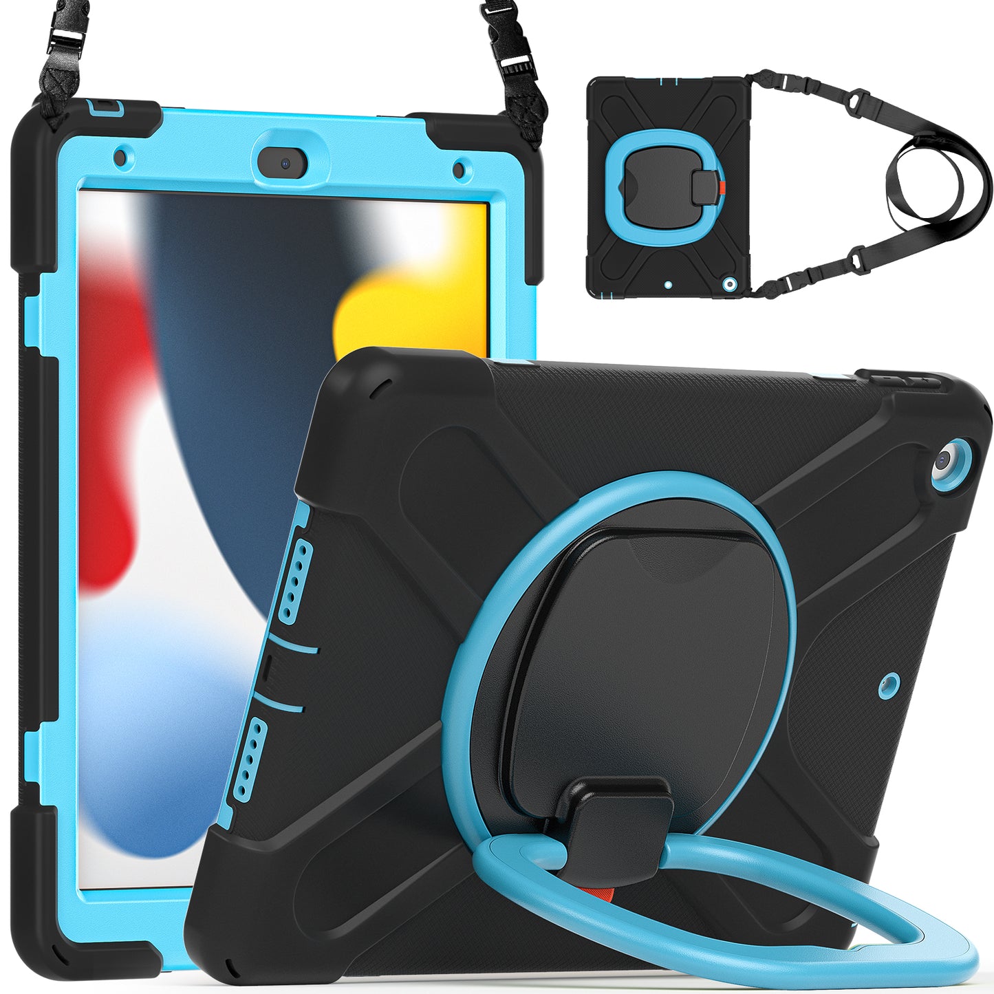 For iPad 10.2 (2021) / (2019) / (2020) Rotary Kickstand Tablet Case PC+Silicone Tablet Cover with Shoulder Strap