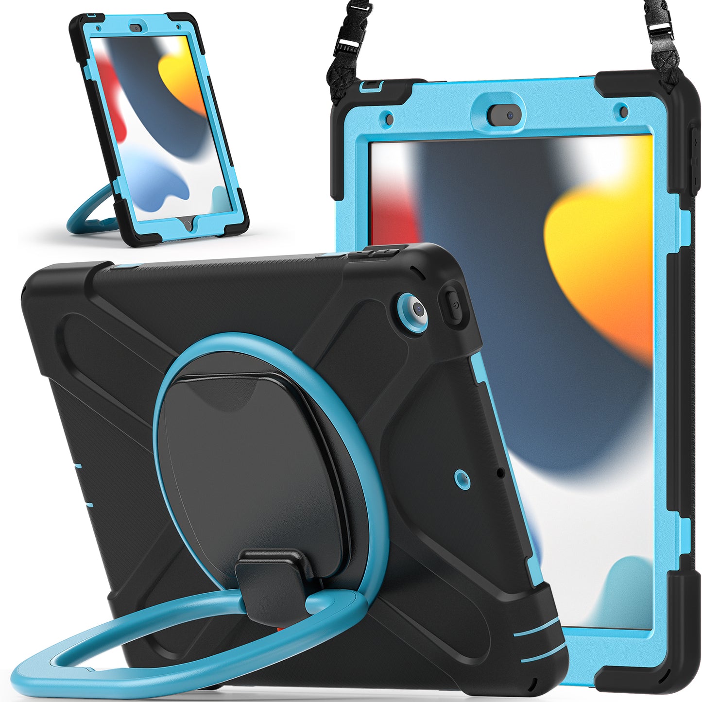 For iPad 10.2 (2021) / (2019) / (2020) Rotary Kickstand Tablet Case PC+Silicone Tablet Cover with Shoulder Strap