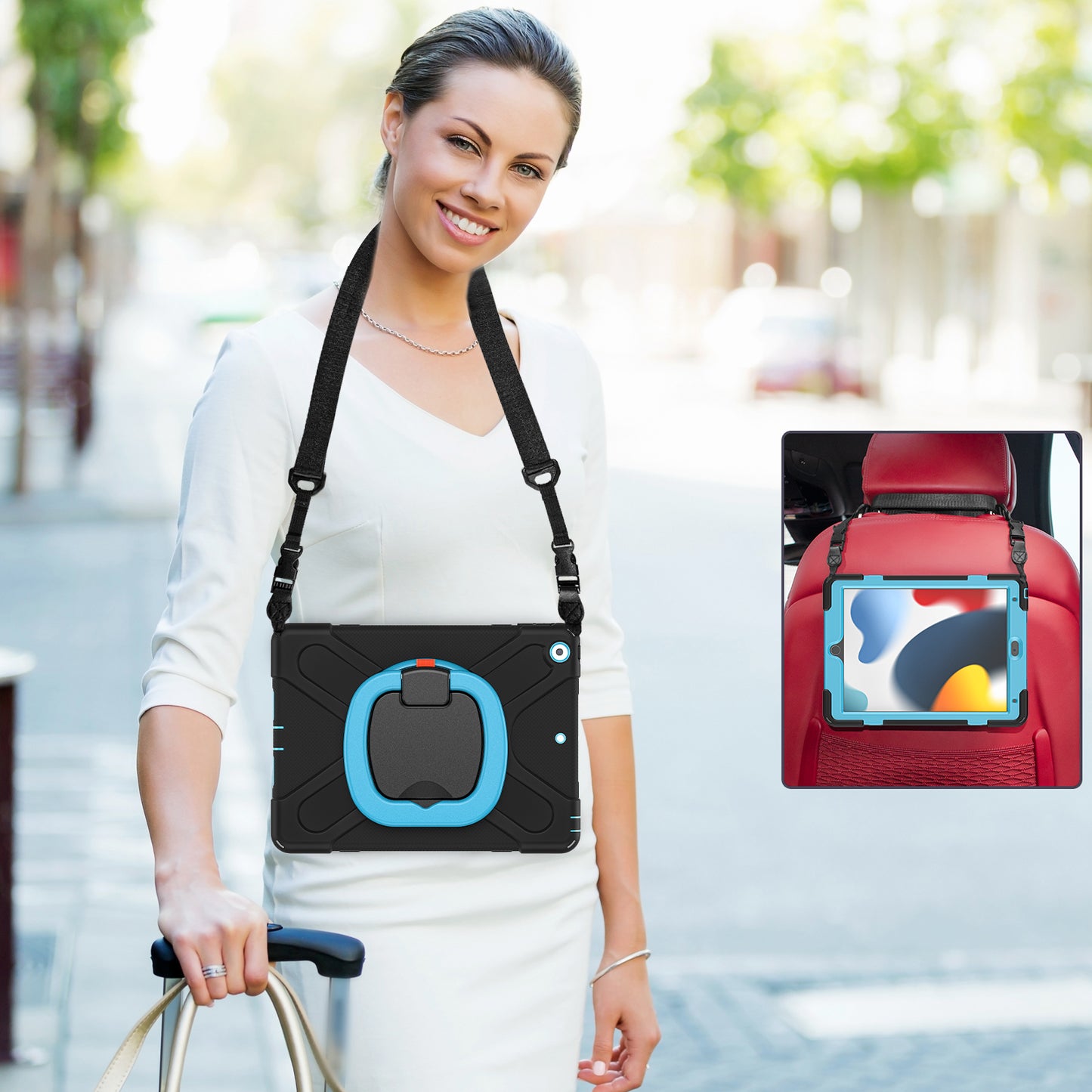 For iPad 10.2 (2021) / (2019) / (2020) Rotary Kickstand Tablet Case PC+Silicone Tablet Cover with Shoulder Strap
