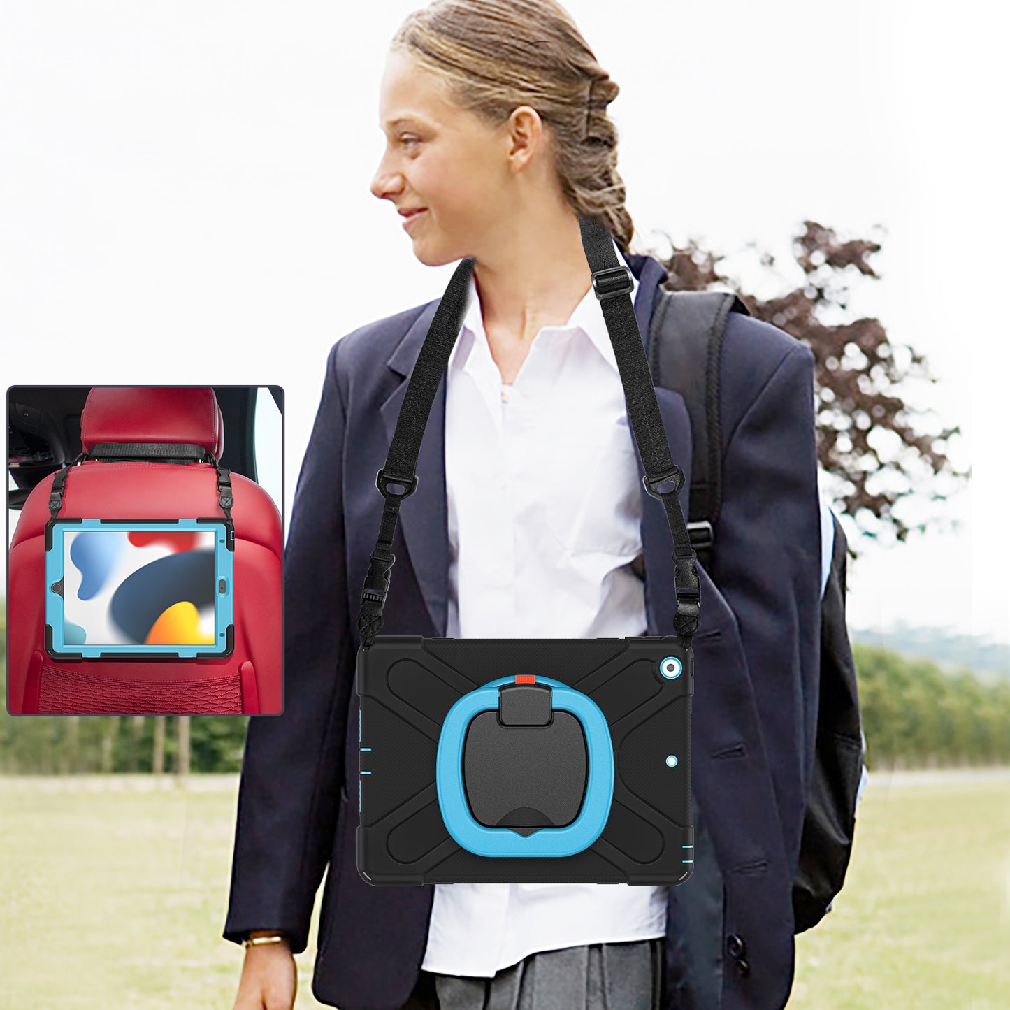 For iPad 10.2 (2021) / (2019) / (2020) Rotary Kickstand Tablet Case PC+Silicone Tablet Cover with Shoulder Strap