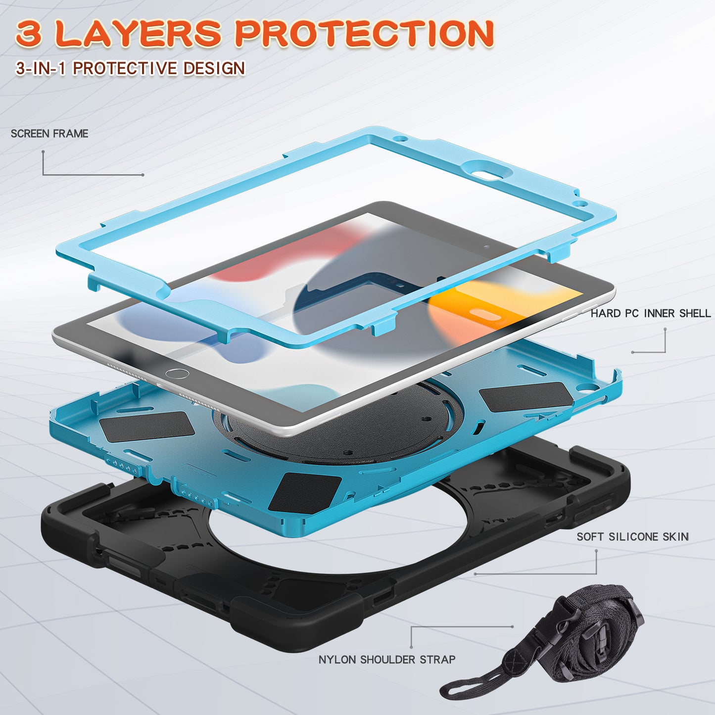 For iPad 10.2 (2021) / (2019) / (2020) Rotary Kickstand Tablet Case PC+Silicone Tablet Cover with Shoulder Strap