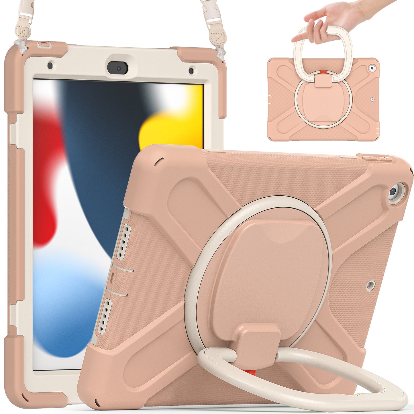 For iPad 10.2 (2021) / (2019) / (2020) Rotary Kickstand Tablet Case PC+Silicone Tablet Cover with Shoulder Strap