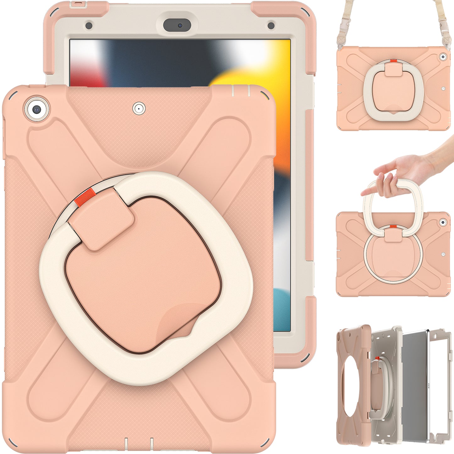 For iPad 10.2 (2021) / (2019) / (2020) Rotary Kickstand Tablet Case PC+Silicone Tablet Cover with Shoulder Strap