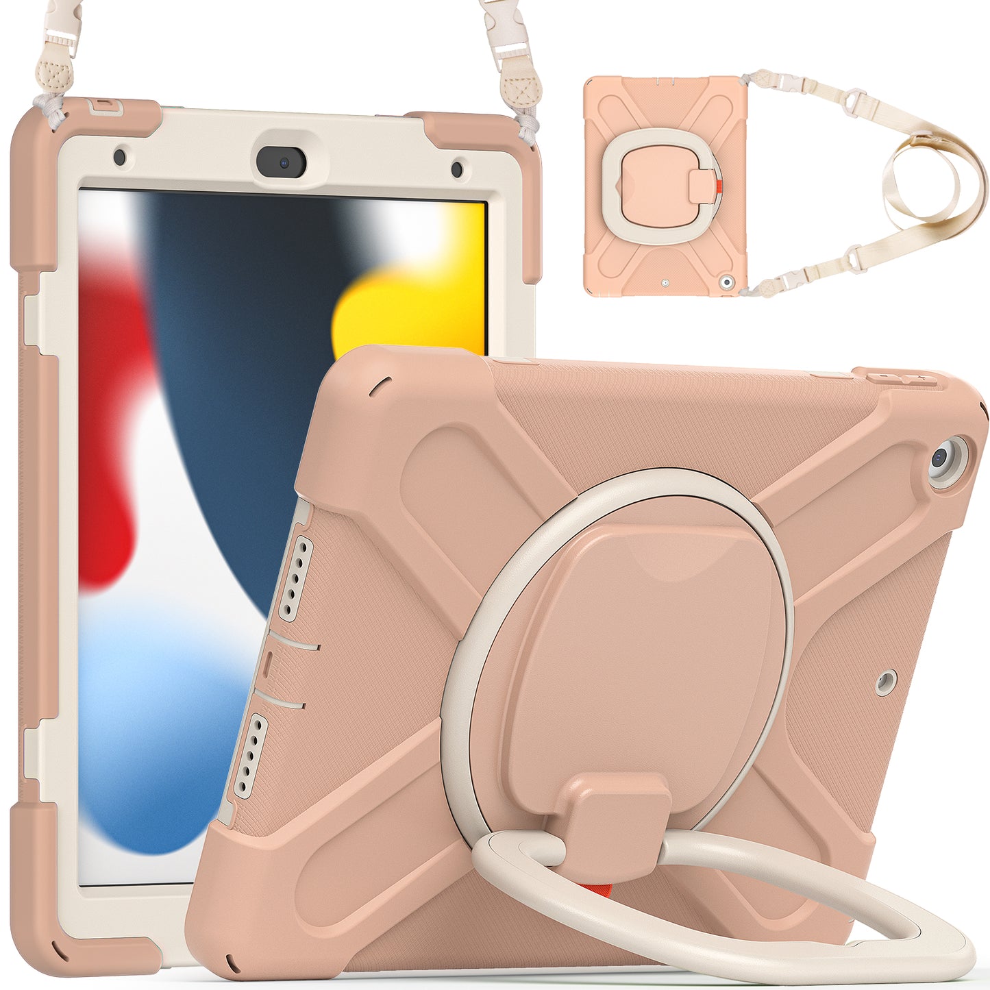 For iPad 10.2 (2021) / (2019) / (2020) Rotary Kickstand Tablet Case PC+Silicone Tablet Cover with Shoulder Strap