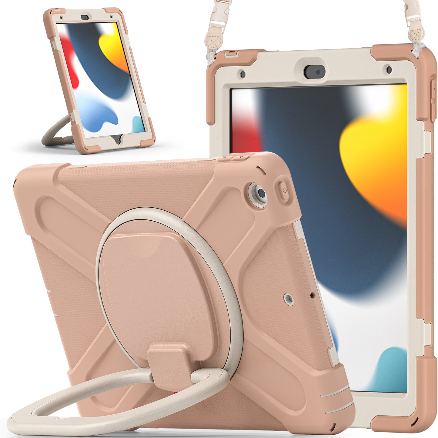 For iPad 10.2 (2021) / (2019) / (2020) Rotary Kickstand Tablet Case PC+Silicone Tablet Cover with Shoulder Strap