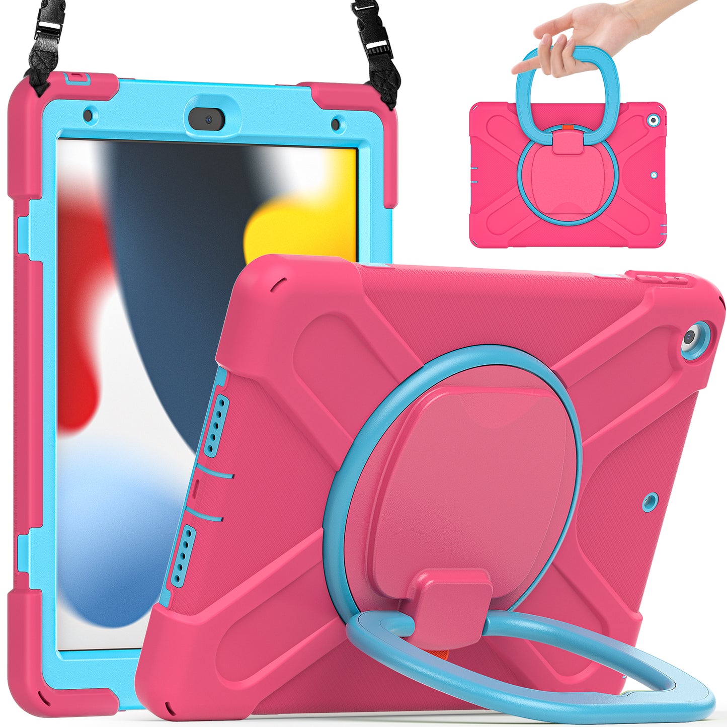For iPad 10.2 (2021) / (2019) / (2020) Rotary Kickstand Tablet Case PC+Silicone Tablet Cover with Shoulder Strap