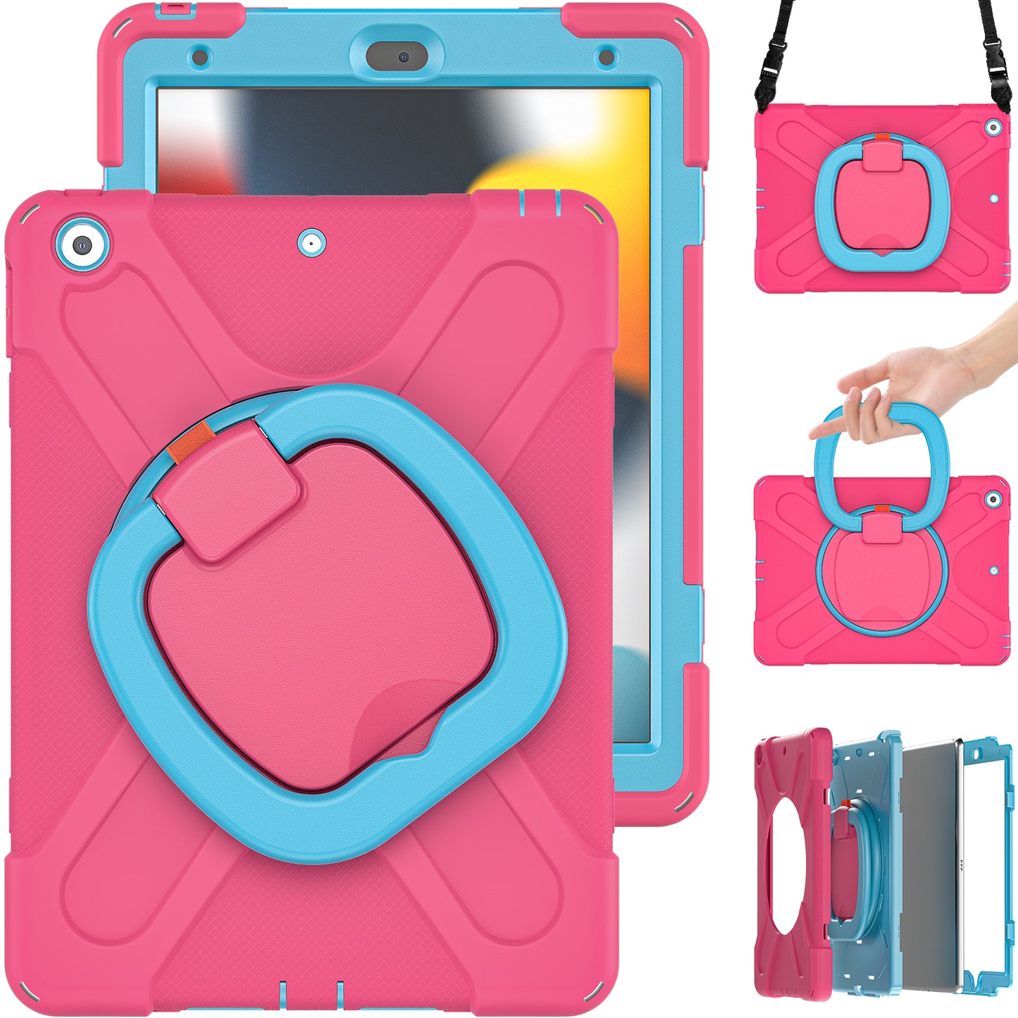 For iPad 10.2 (2021) / (2019) / (2020) Rotary Kickstand Tablet Case PC+Silicone Tablet Cover with Shoulder Strap