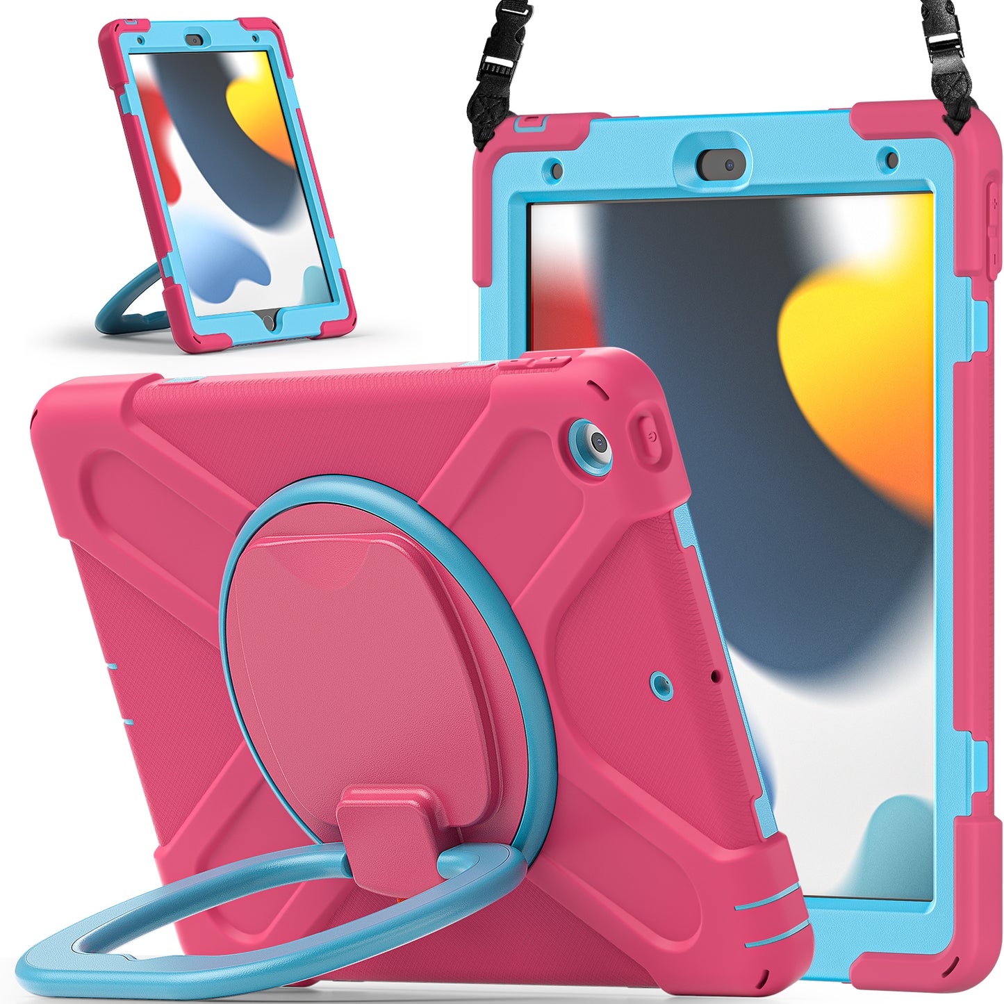 For iPad 10.2 (2021) / (2019) / (2020) Rotary Kickstand Tablet Case PC+Silicone Tablet Cover with Shoulder Strap