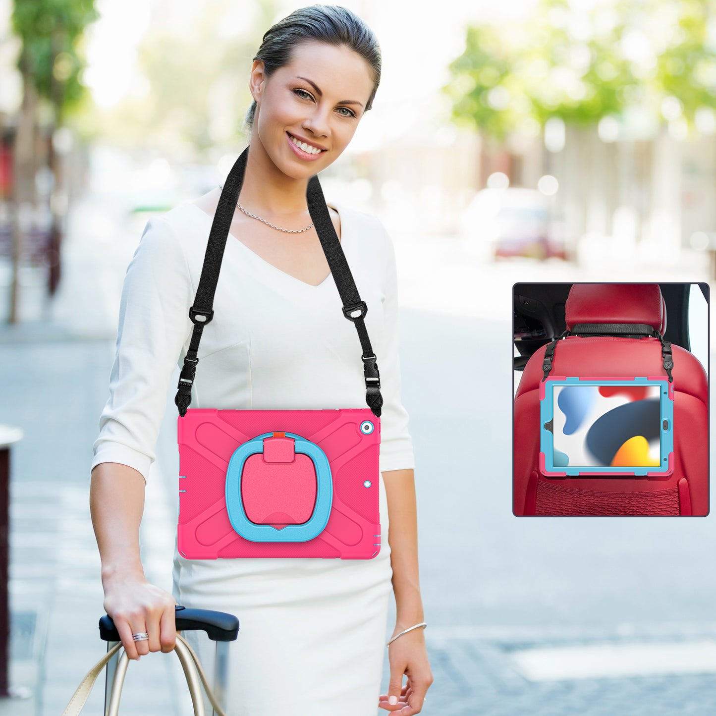 For iPad 10.2 (2021) / (2019) / (2020) Rotary Kickstand Tablet Case PC+Silicone Tablet Cover with Shoulder Strap