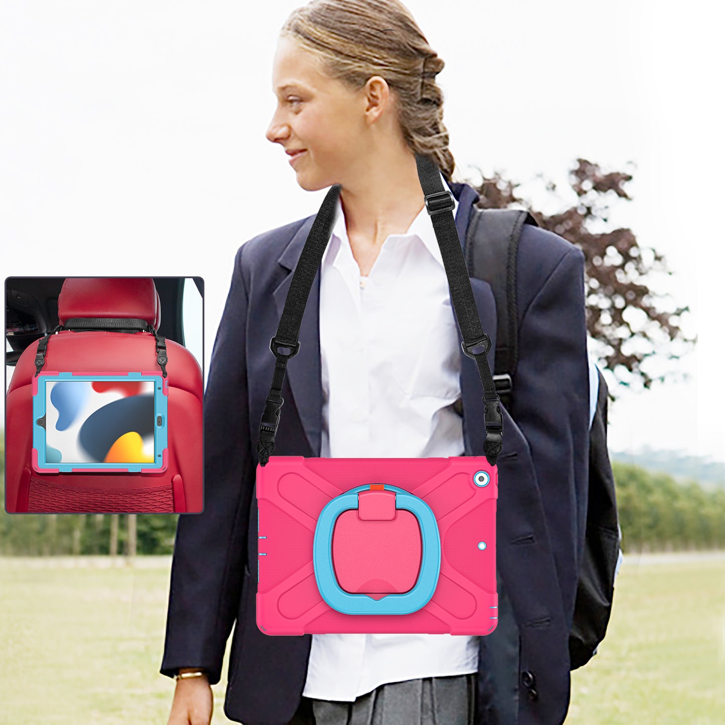 For iPad 10.2 (2021) / (2019) / (2020) Rotary Kickstand Tablet Case PC+Silicone Tablet Cover with Shoulder Strap