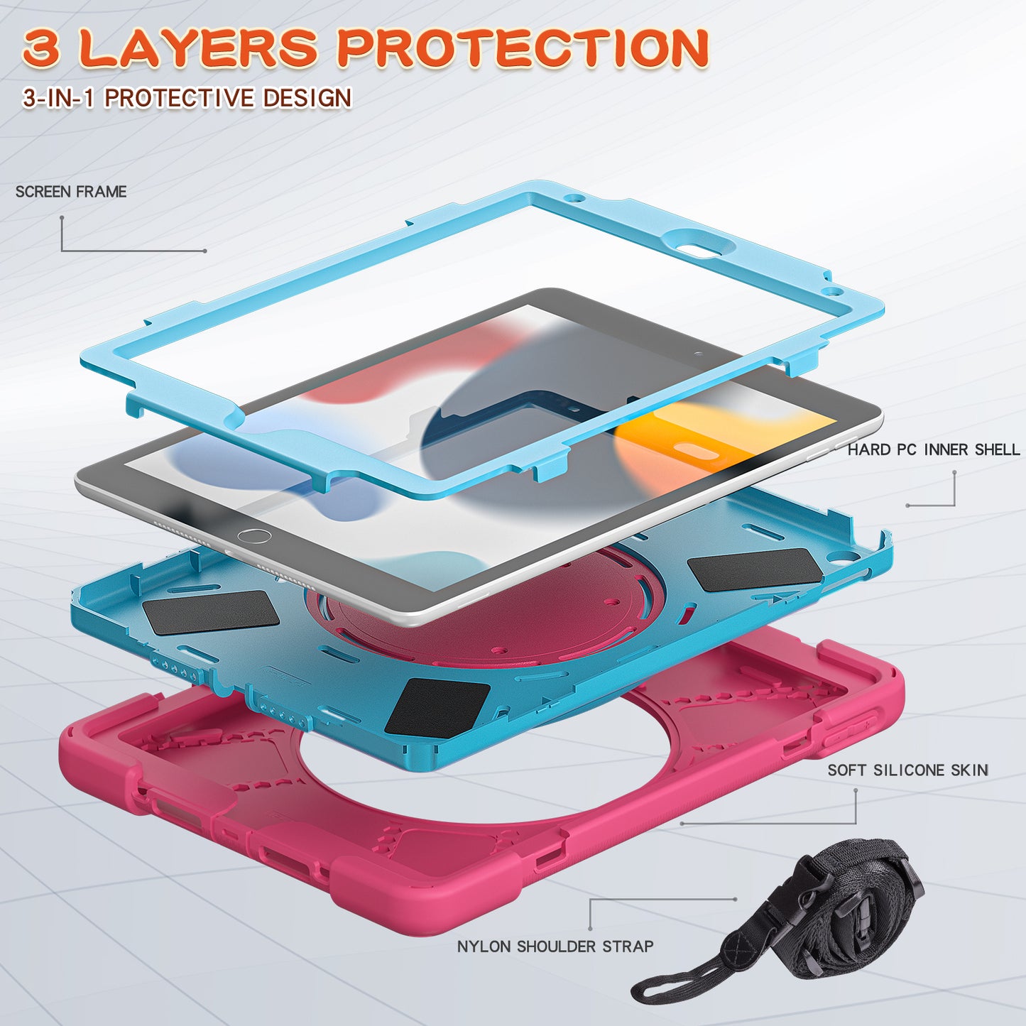 For iPad 10.2 (2021) / (2019) / (2020) Rotary Kickstand Tablet Case PC+Silicone Tablet Cover with Shoulder Strap