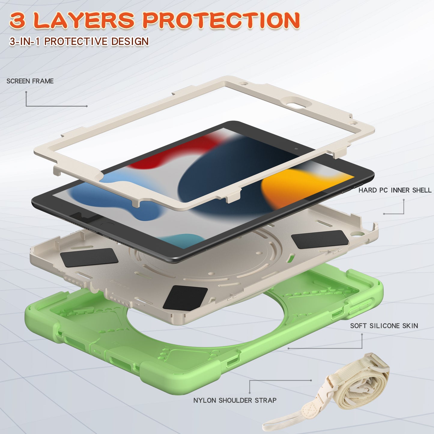 For iPad 10.2 (2021) / (2019) / (2020) Rotary Kickstand Tablet Case PC+Silicone Tablet Cover with Shoulder Strap