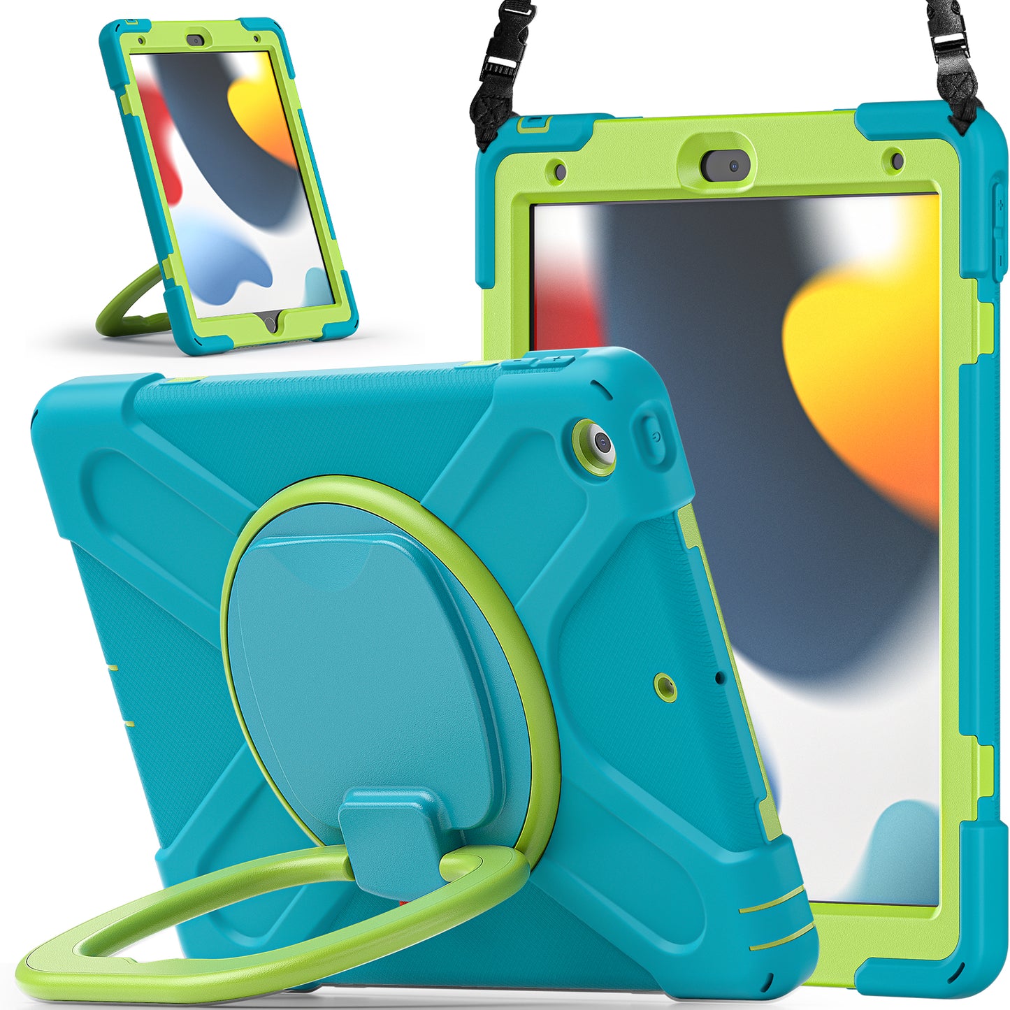 For iPad 10.2 (2021) / (2019) / (2020) Rotary Kickstand Tablet Case PC+Silicone Tablet Cover with Shoulder Strap