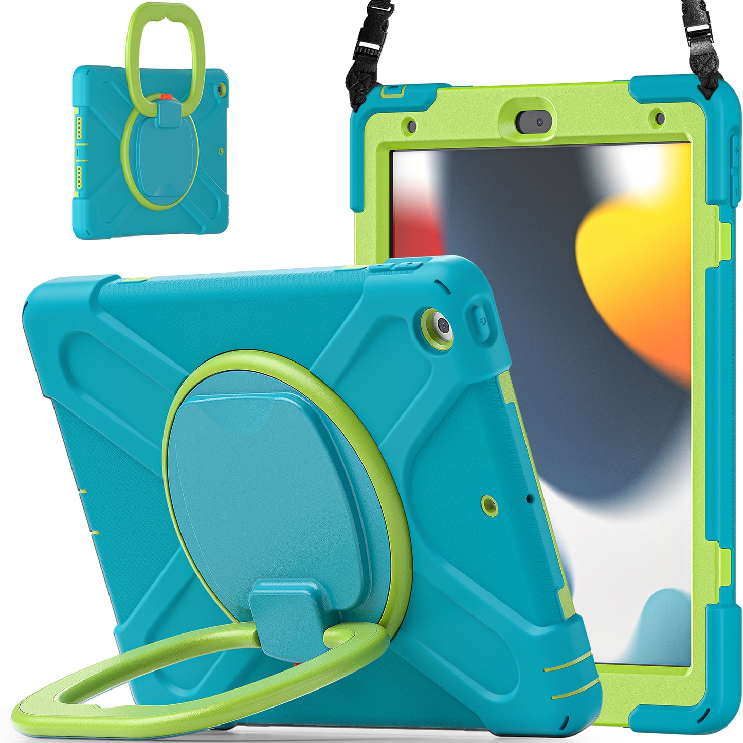 For iPad 10.2 (2021) / (2019) / (2020) Rotary Kickstand Tablet Case PC+Silicone Tablet Cover with Shoulder Strap