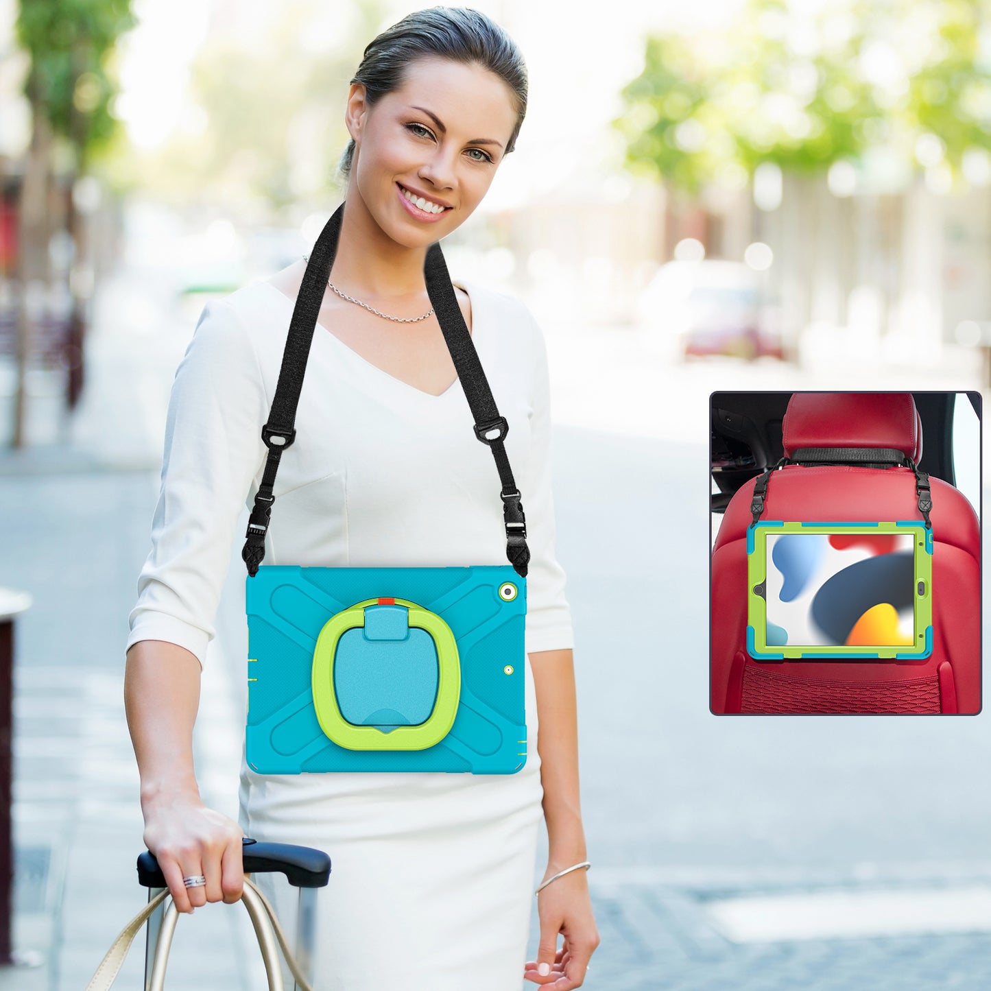 For iPad 10.2 (2021) / (2019) / (2020) Rotary Kickstand Tablet Case PC+Silicone Tablet Cover with Shoulder Strap
