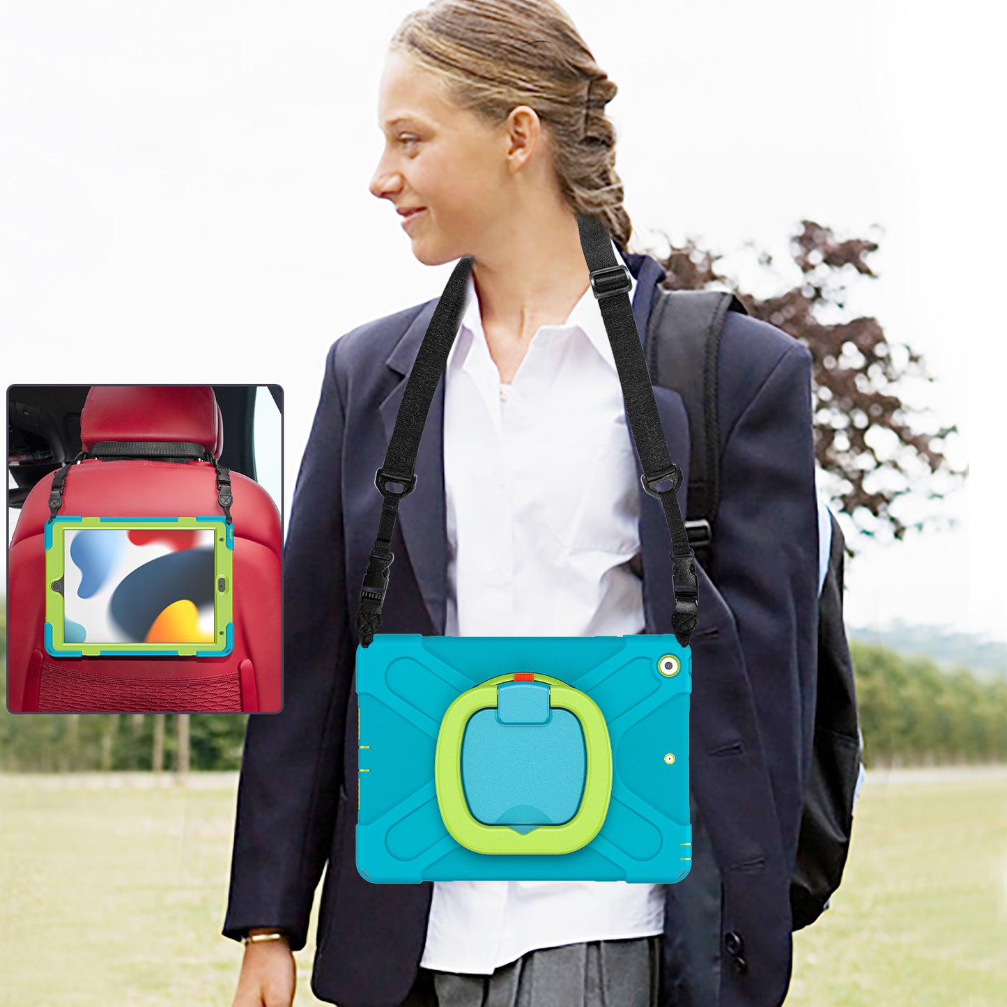 For iPad 10.2 (2021) / (2019) / (2020) Rotary Kickstand Tablet Case PC+Silicone Tablet Cover with Shoulder Strap