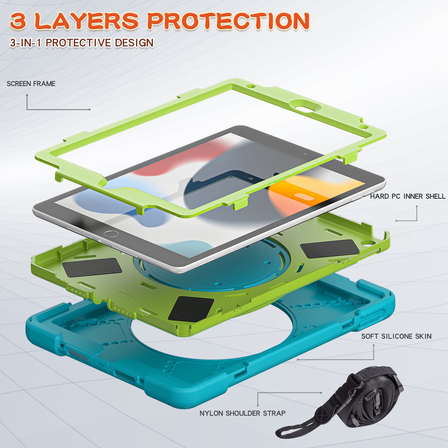 For iPad 10.2 (2021) / (2019) / (2020) Rotary Kickstand Tablet Case PC+Silicone Tablet Cover with Shoulder Strap