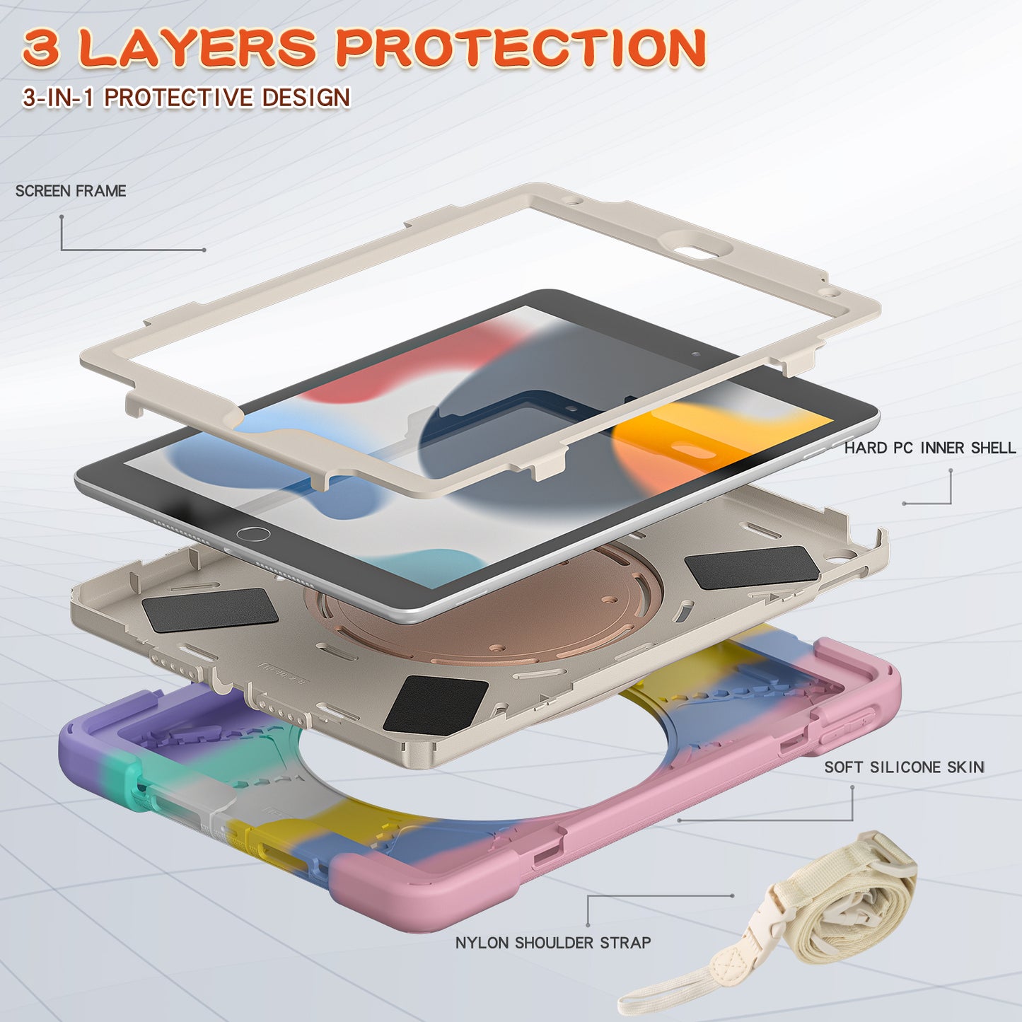 For iPad 10.2 (2021) / (2019) / (2020) Rotary Kickstand Tablet Case PC+Silicone Tablet Cover with Shoulder Strap