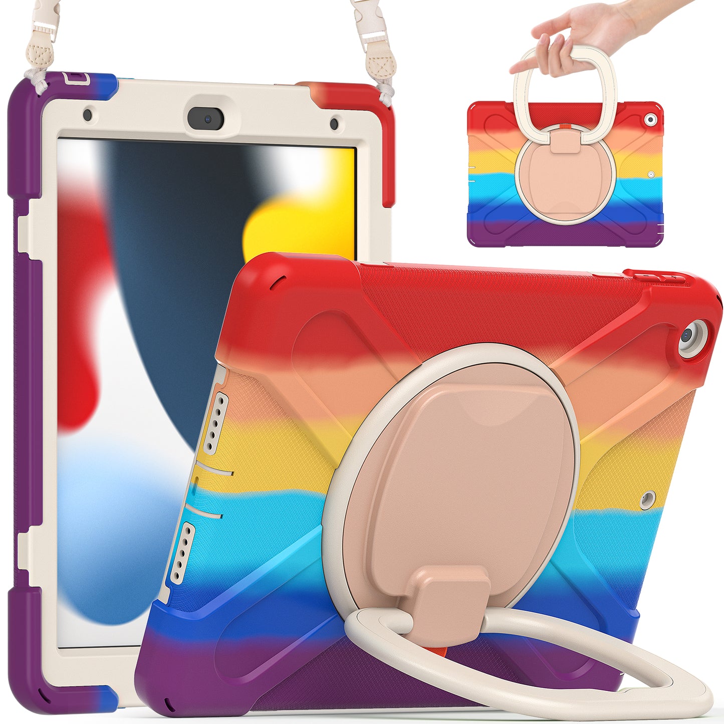 For iPad 10.2 (2021) / (2019) / (2020) Rotary Kickstand Tablet Case PC+Silicone Tablet Cover with Shoulder Strap