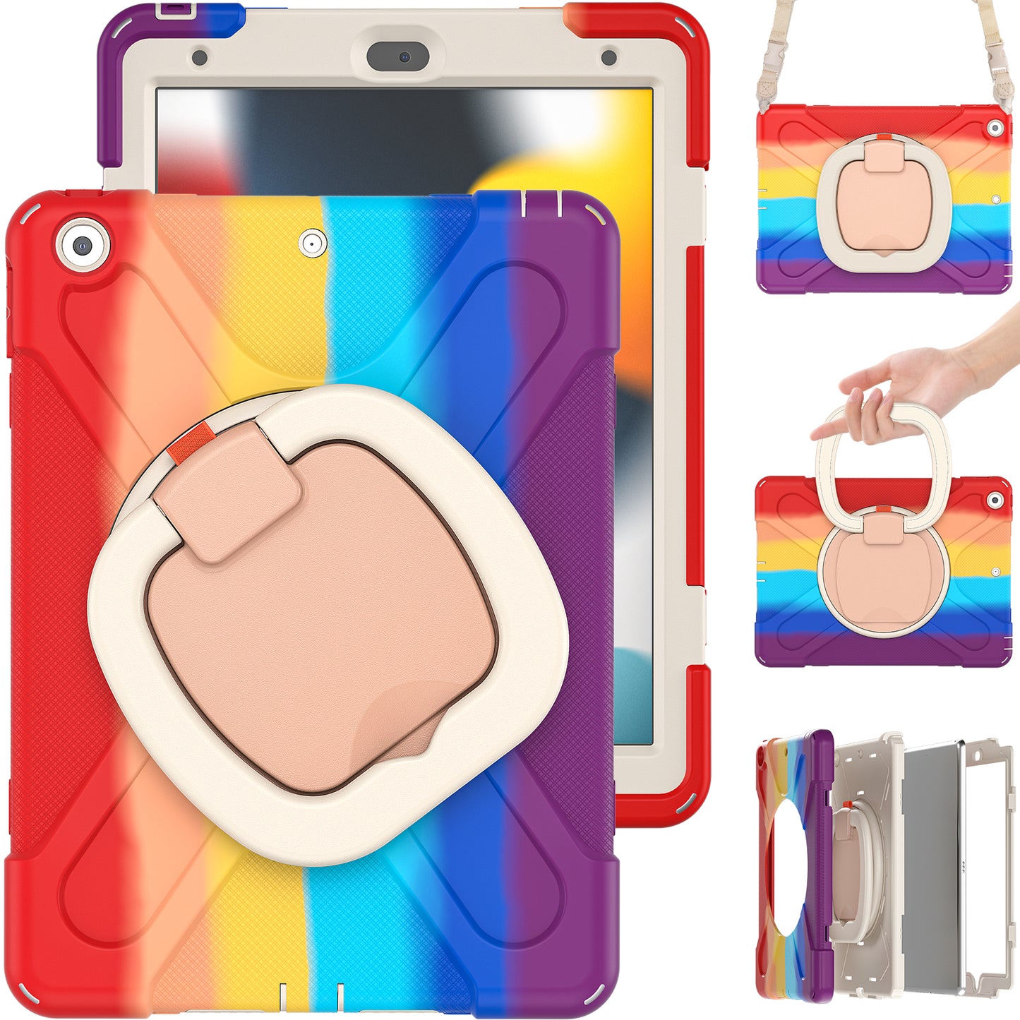 For iPad 10.2 (2021) / (2019) / (2020) Rotary Kickstand Tablet Case PC+Silicone Tablet Cover with Shoulder Strap