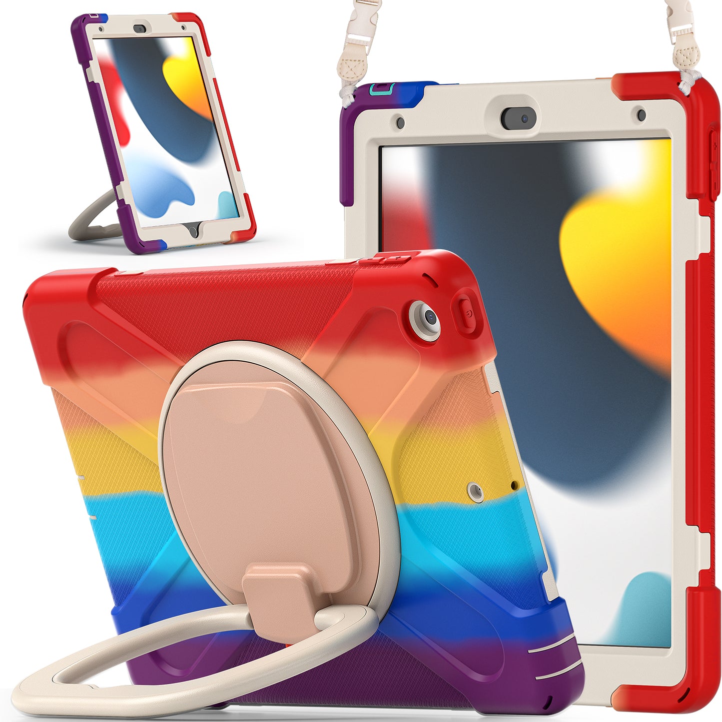 For iPad 10.2 (2021) / (2019) / (2020) Rotary Kickstand Tablet Case PC+Silicone Tablet Cover with Shoulder Strap