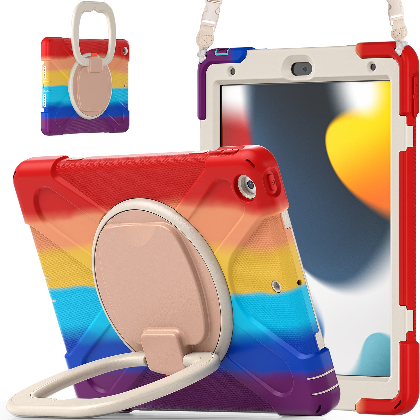 For iPad 10.2 (2021) / (2019) / (2020) Rotary Kickstand Tablet Case PC+Silicone Tablet Cover with Shoulder Strap