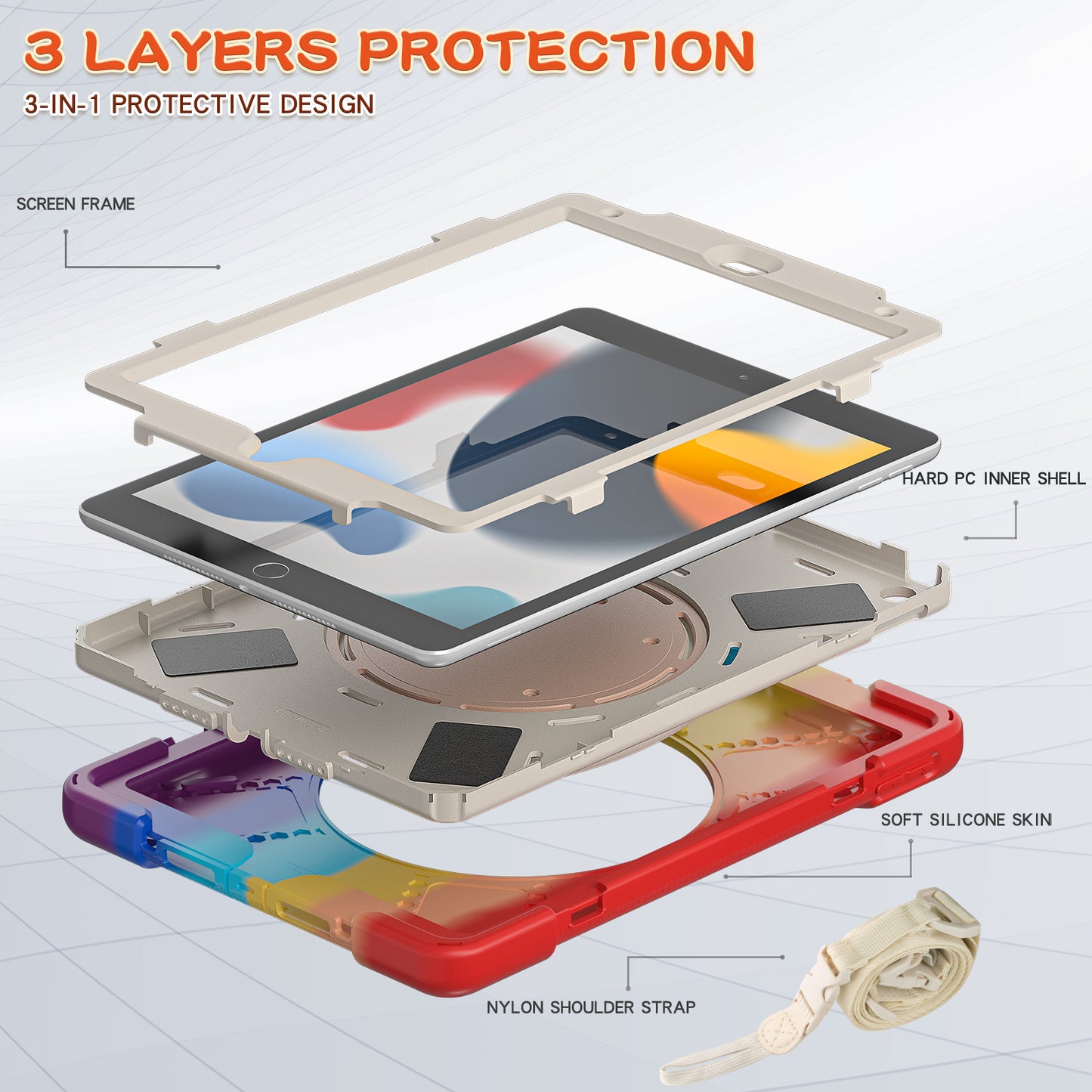 For iPad 10.2 (2021) / (2019) / (2020) Rotary Kickstand Tablet Case PC+Silicone Tablet Cover with Shoulder Strap