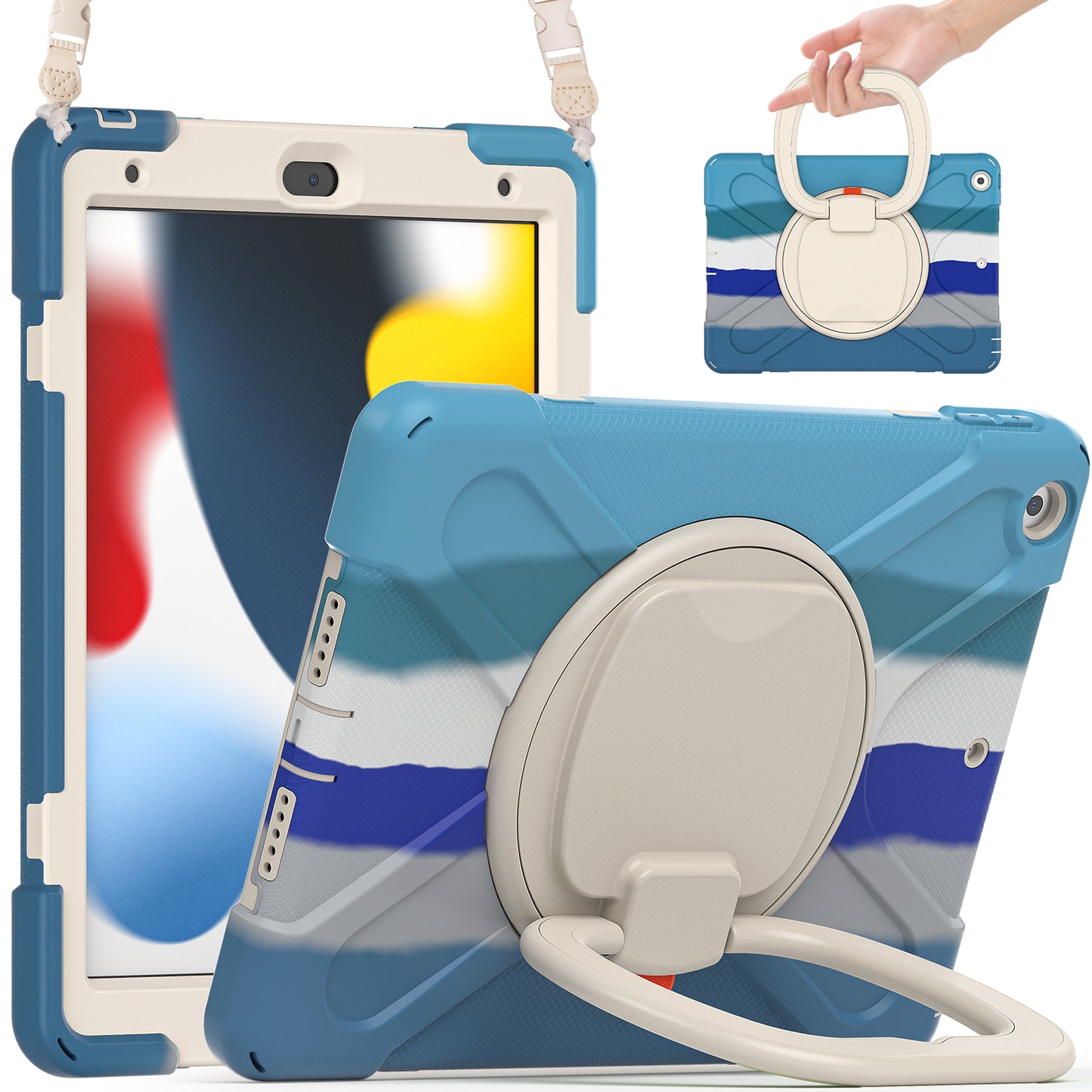 For iPad 10.2 (2021) / (2019) / (2020) Rotary Kickstand Tablet Case PC+Silicone Tablet Cover with Shoulder Strap
