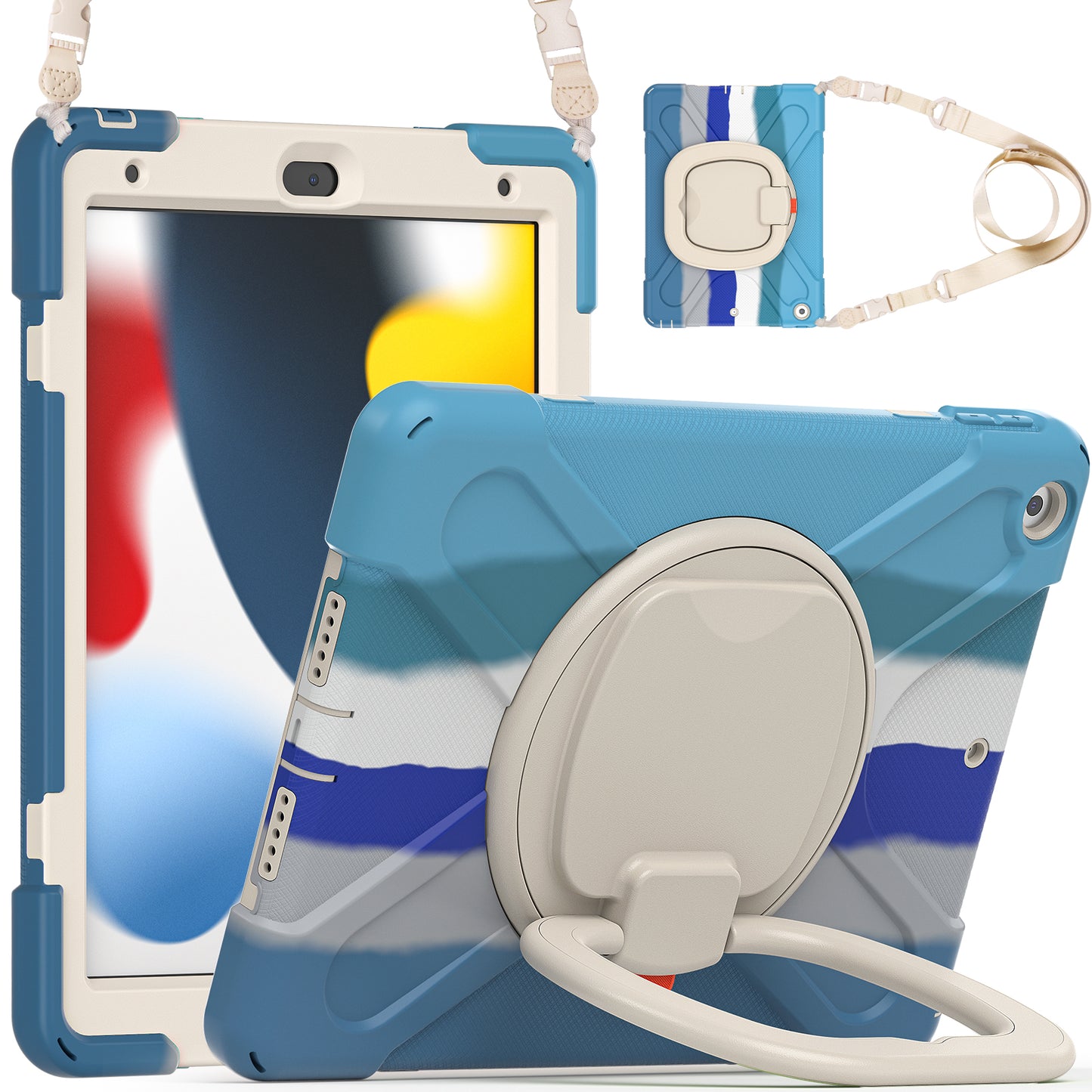 For iPad 10.2 (2021) / (2019) / (2020) Rotary Kickstand Tablet Case PC+Silicone Tablet Cover with Shoulder Strap