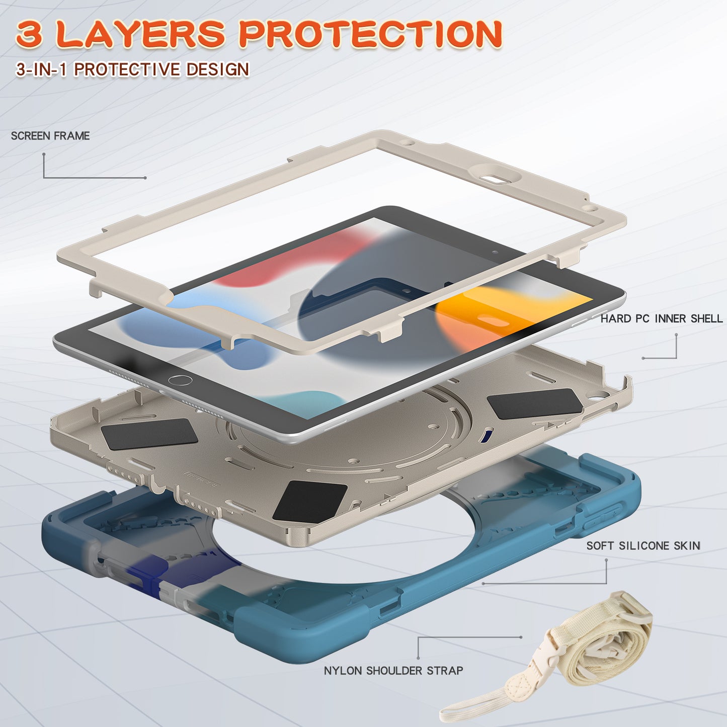 For iPad 10.2 (2021) / (2019) / (2020) Rotary Kickstand Tablet Case PC+Silicone Tablet Cover with Shoulder Strap