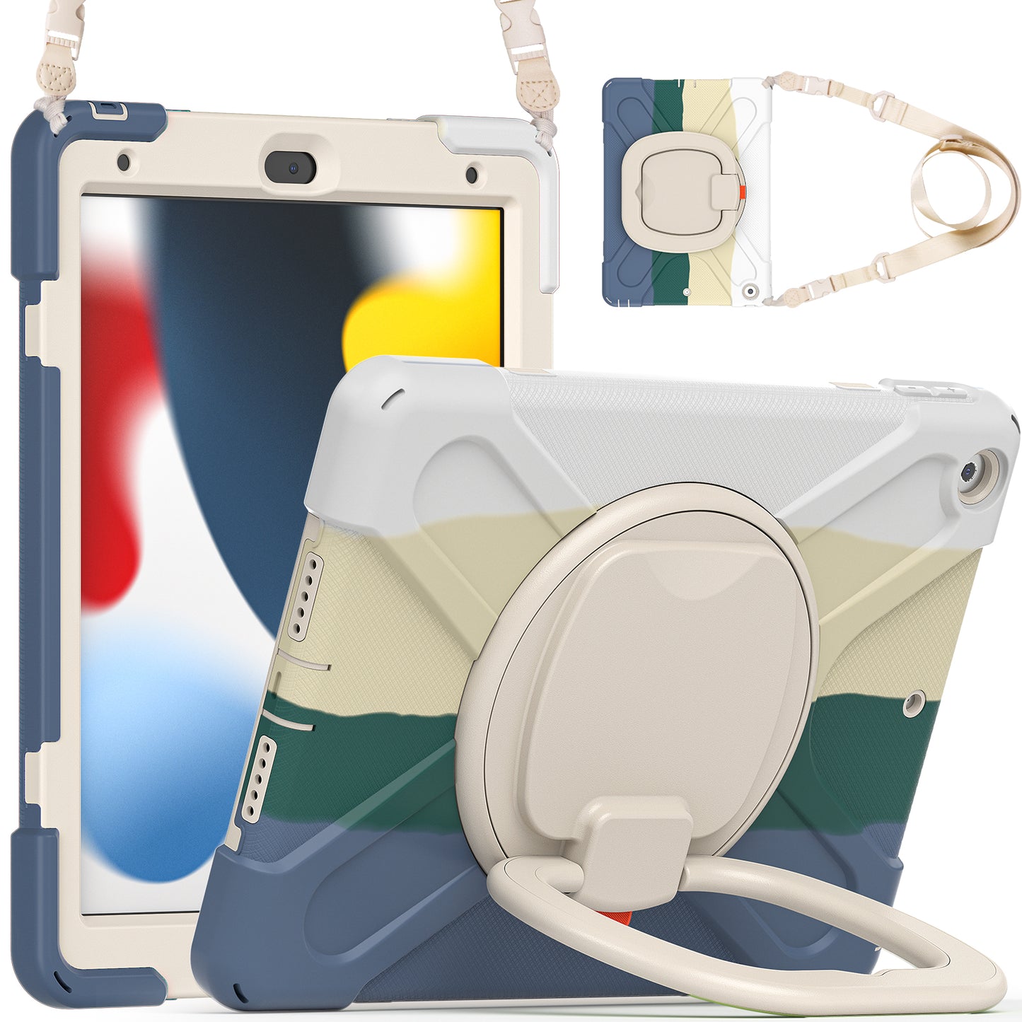 For iPad 10.2 (2021) / (2019) / (2020) Rotary Kickstand Tablet Case PC+Silicone Tablet Cover with Shoulder Strap
