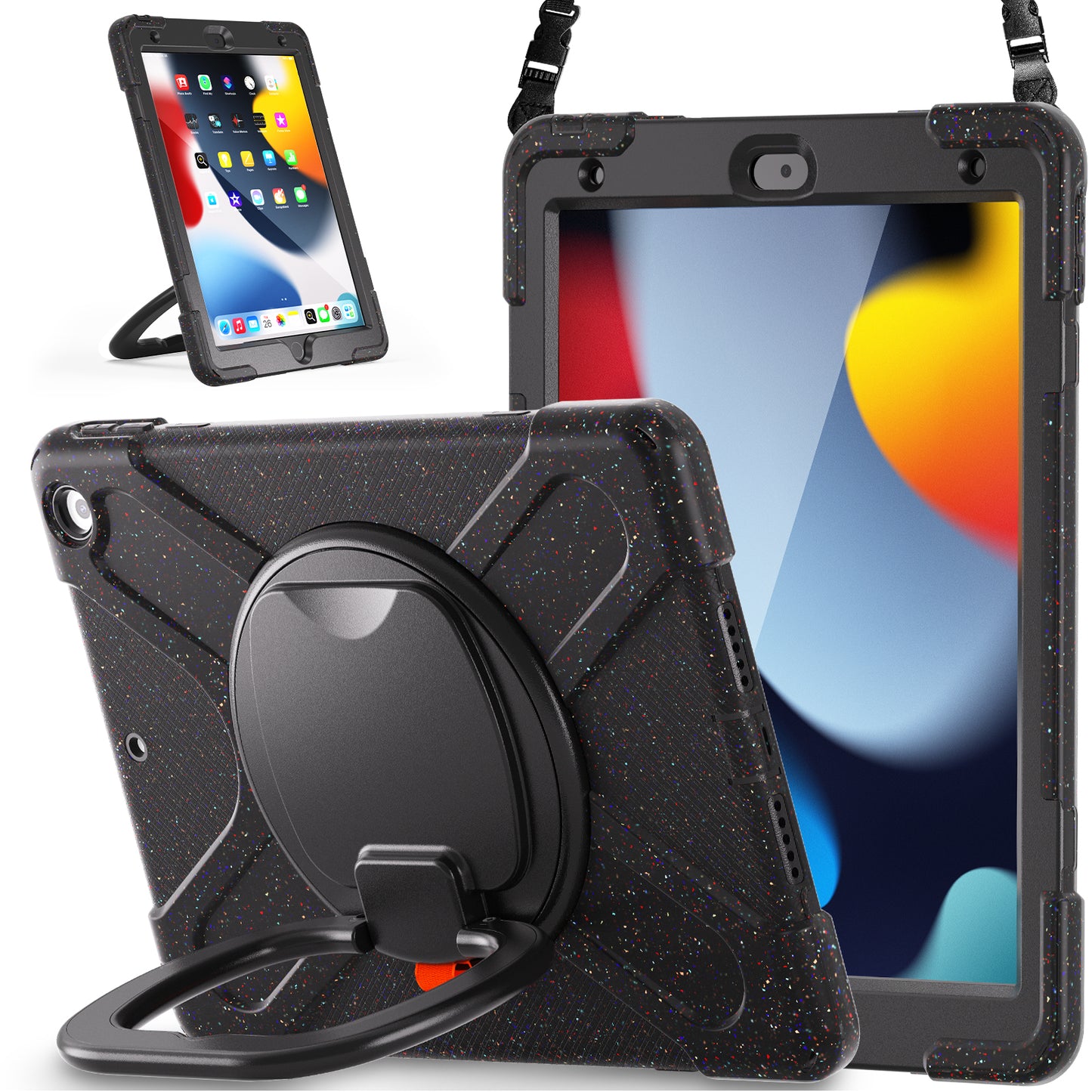 For iPad 10.2 (2021) / (2019) / (2020) Rotary Kickstand Tablet Case PC+Silicone Tablet Cover with Shoulder Strap