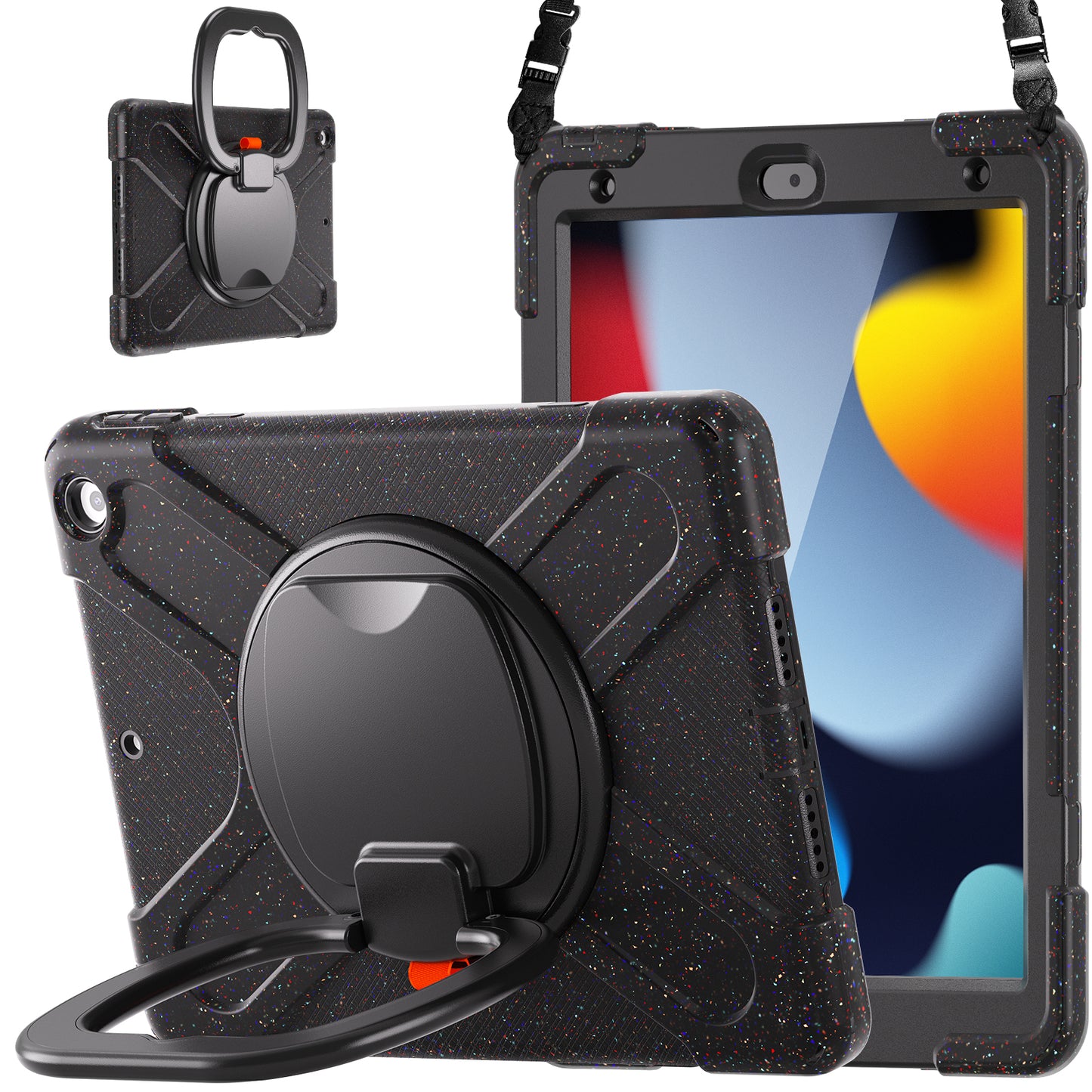 For iPad 10.2 (2021) / (2019) / (2020) Rotary Kickstand Tablet Case PC+Silicone Tablet Cover with Shoulder Strap