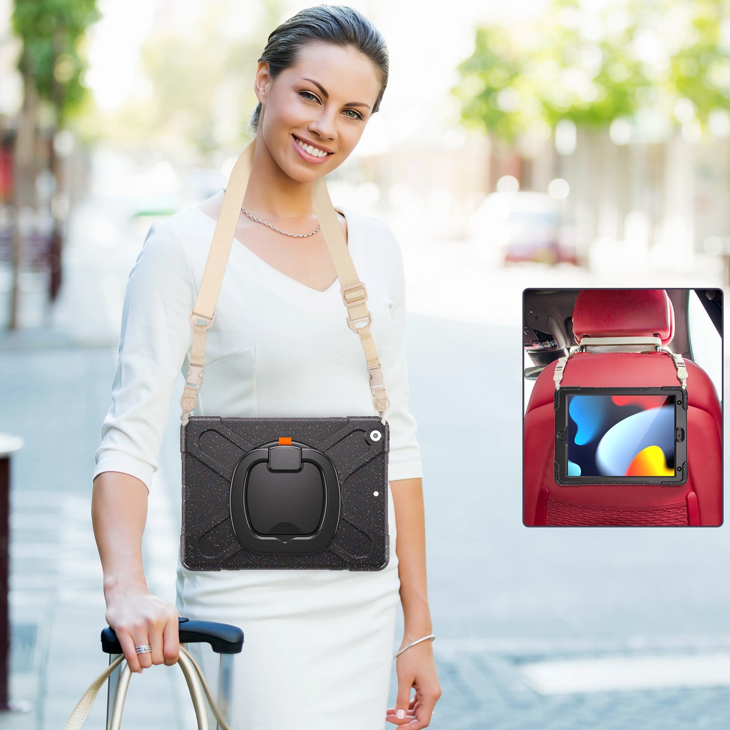 For iPad 10.2 (2021) / (2019) / (2020) Rotary Kickstand Tablet Case PC+Silicone Tablet Cover with Shoulder Strap