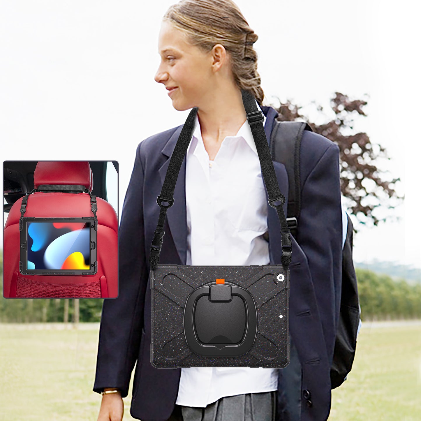 For iPad 10.2 (2021) / (2019) / (2020) Rotary Kickstand Tablet Case PC+Silicone Tablet Cover with Shoulder Strap